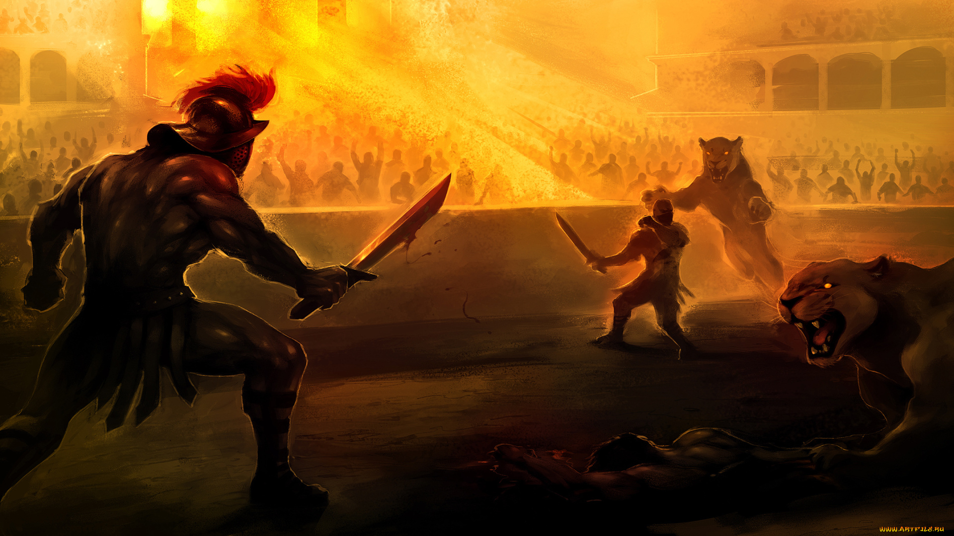 фэнтези, люди, сражение, битва, гладиатор, животные, львы, арена