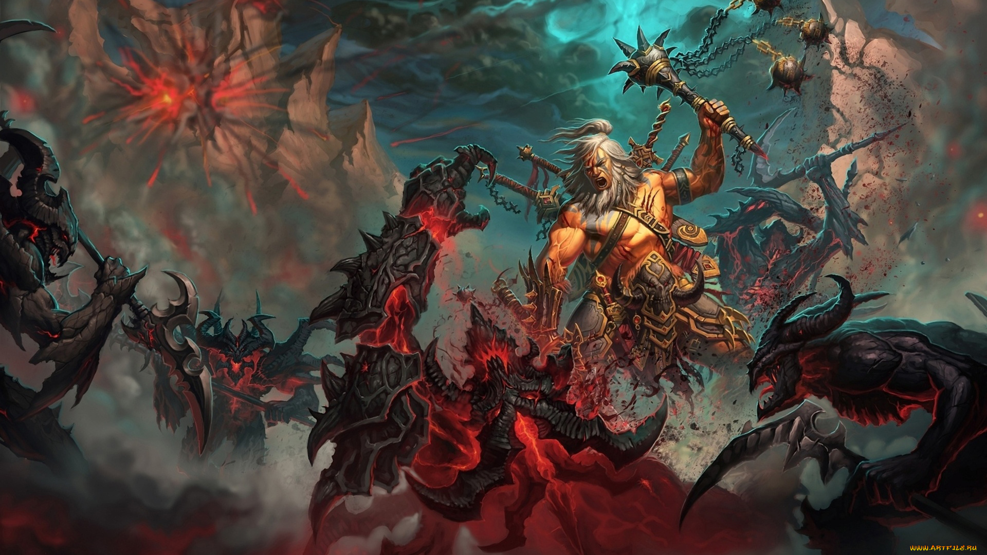фэнтези, нежить, викинг, человек, богатырь, булава, демоны, монстры, оружие, битва, сражение
