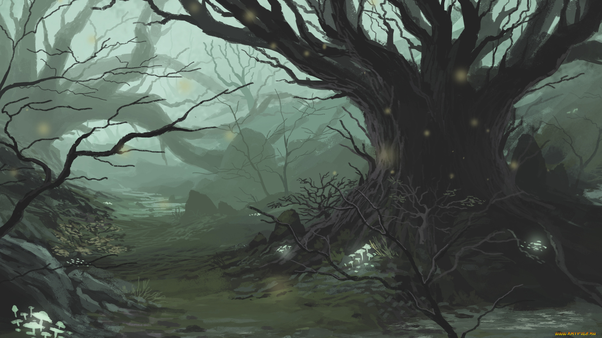 фэнтези, пейзажи, лес, дерево, сказка, чаща, туман