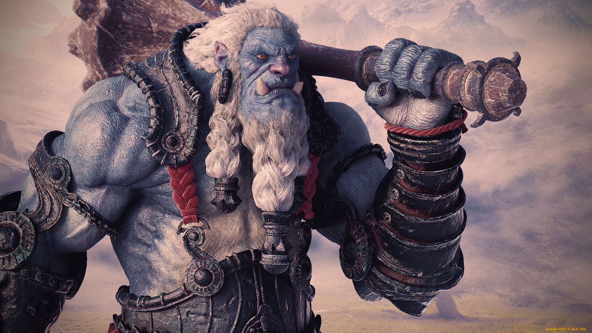 фэнтези, существа, орк, огр, дубина, синий, борода, доспехи