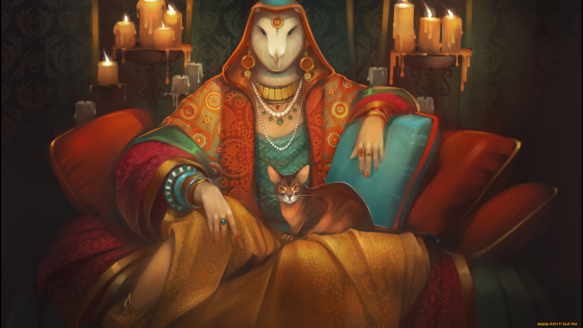 фэнтези, существа, сова, кот, балахон, накидка, сидит