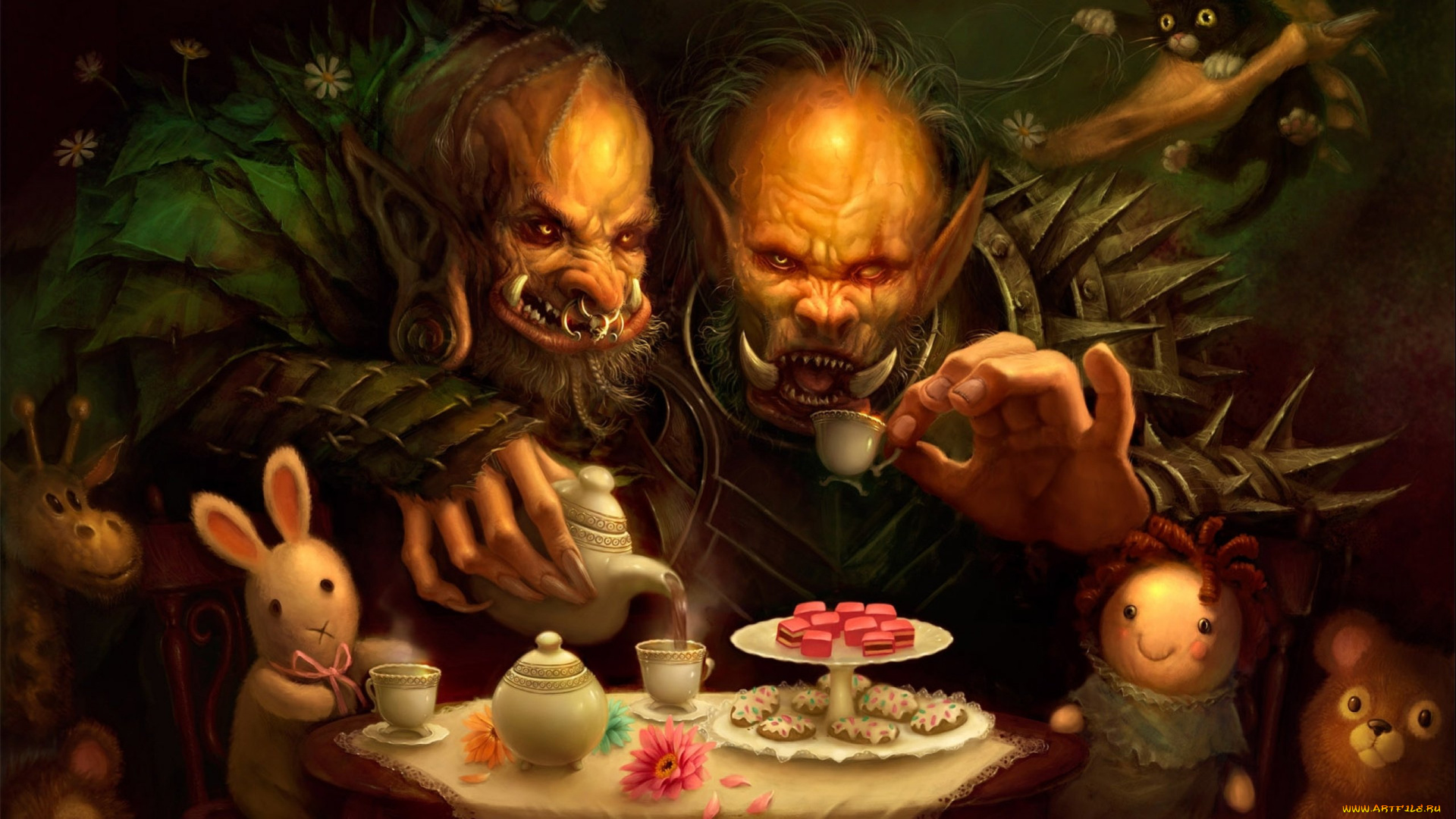 фэнтези, существа, тролли, игрушки, чаепитие, игра