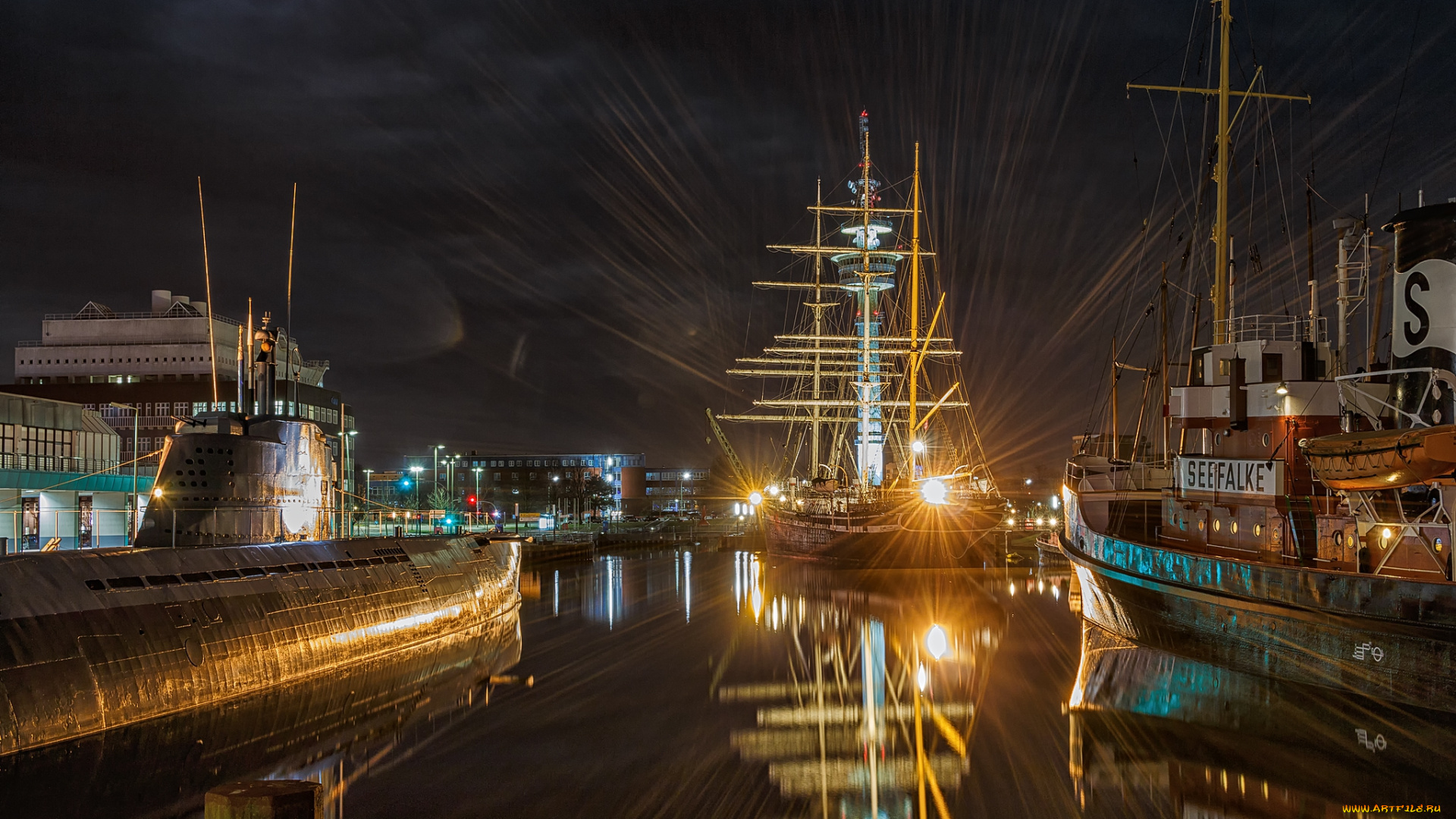 корабли, порты, , , причалы, огни, ночь