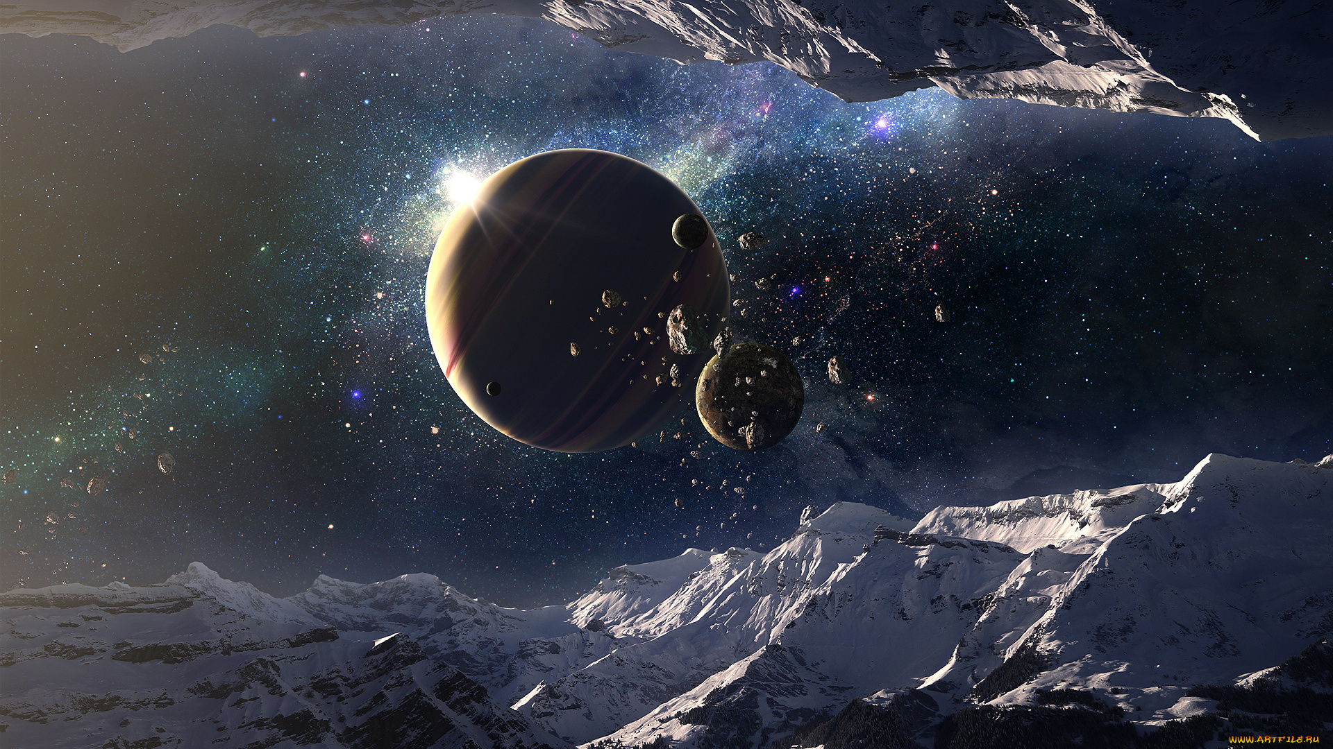 космос, арт, звезды, вселенная, галактика, горы, планеты