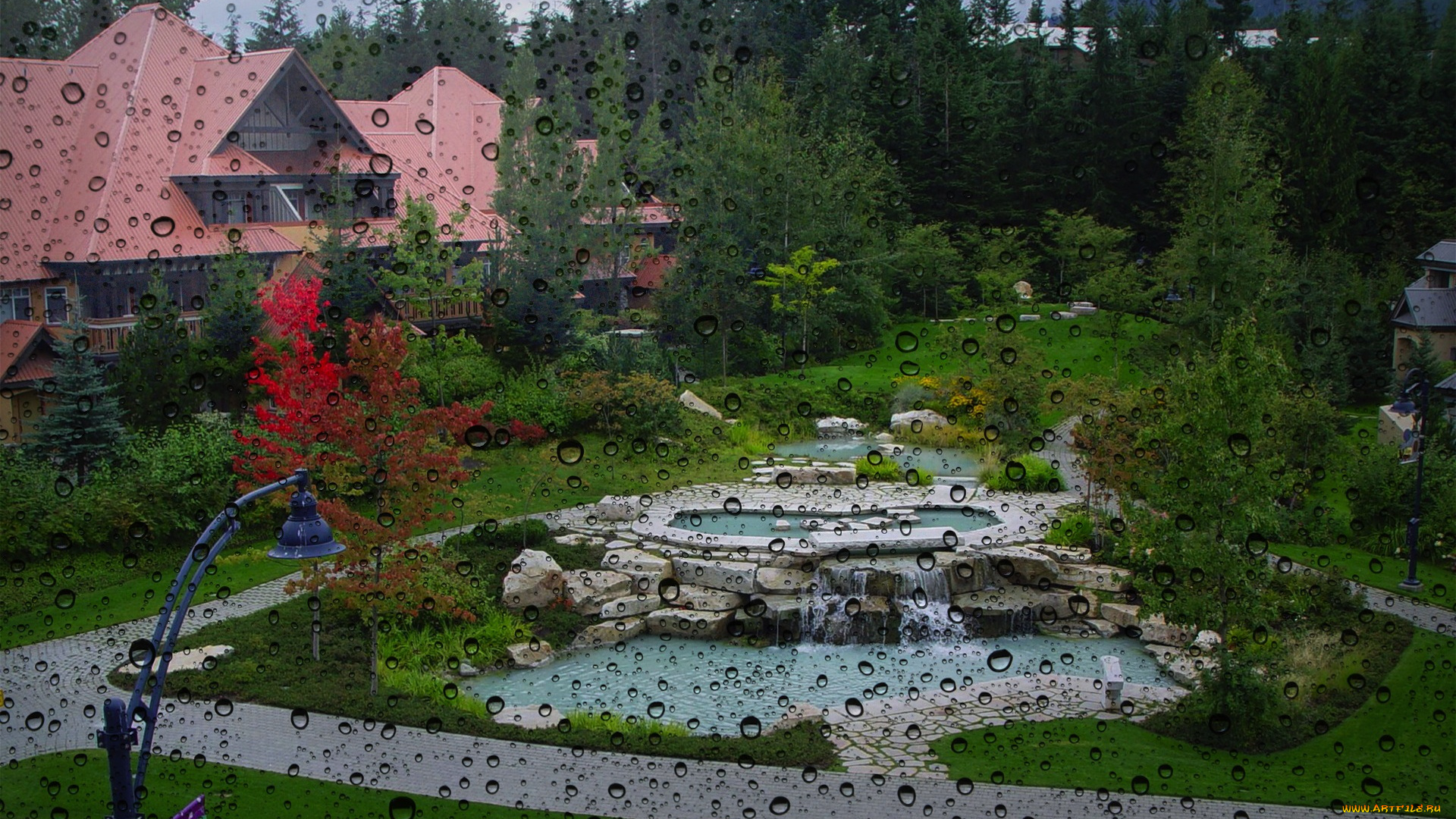 разное, капли, , брызги, , всплески, окно, дождь, дом, лес, сад