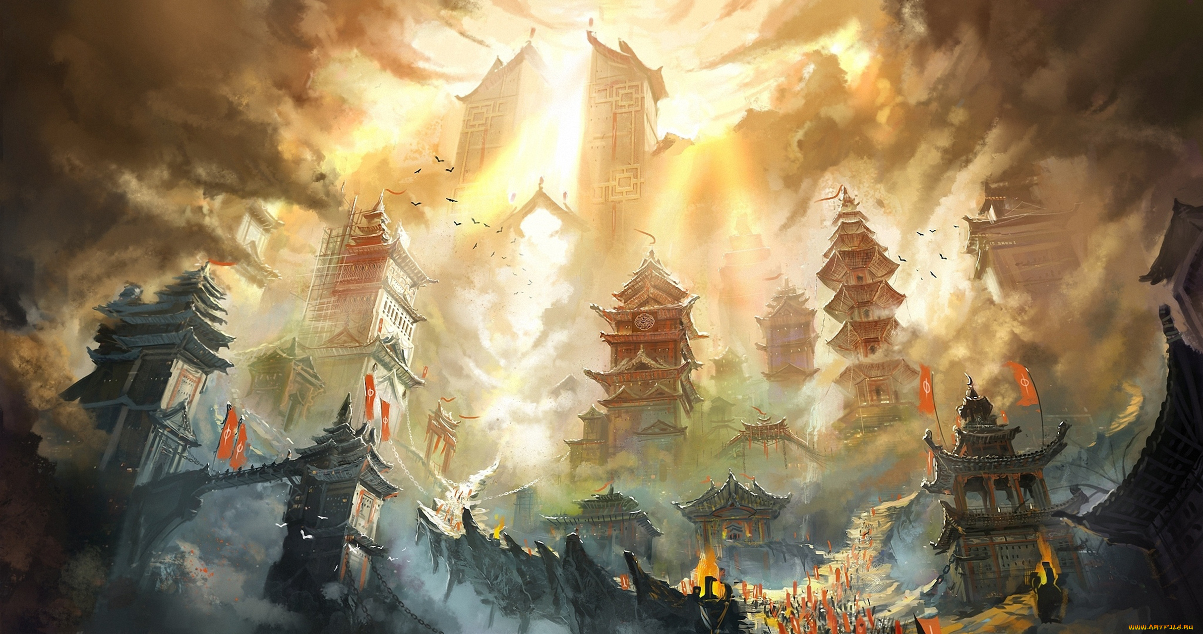 фэнтези, иные, миры, , иные, времена, горы, огонь, китай, небоскрёбы, город, поднебесная