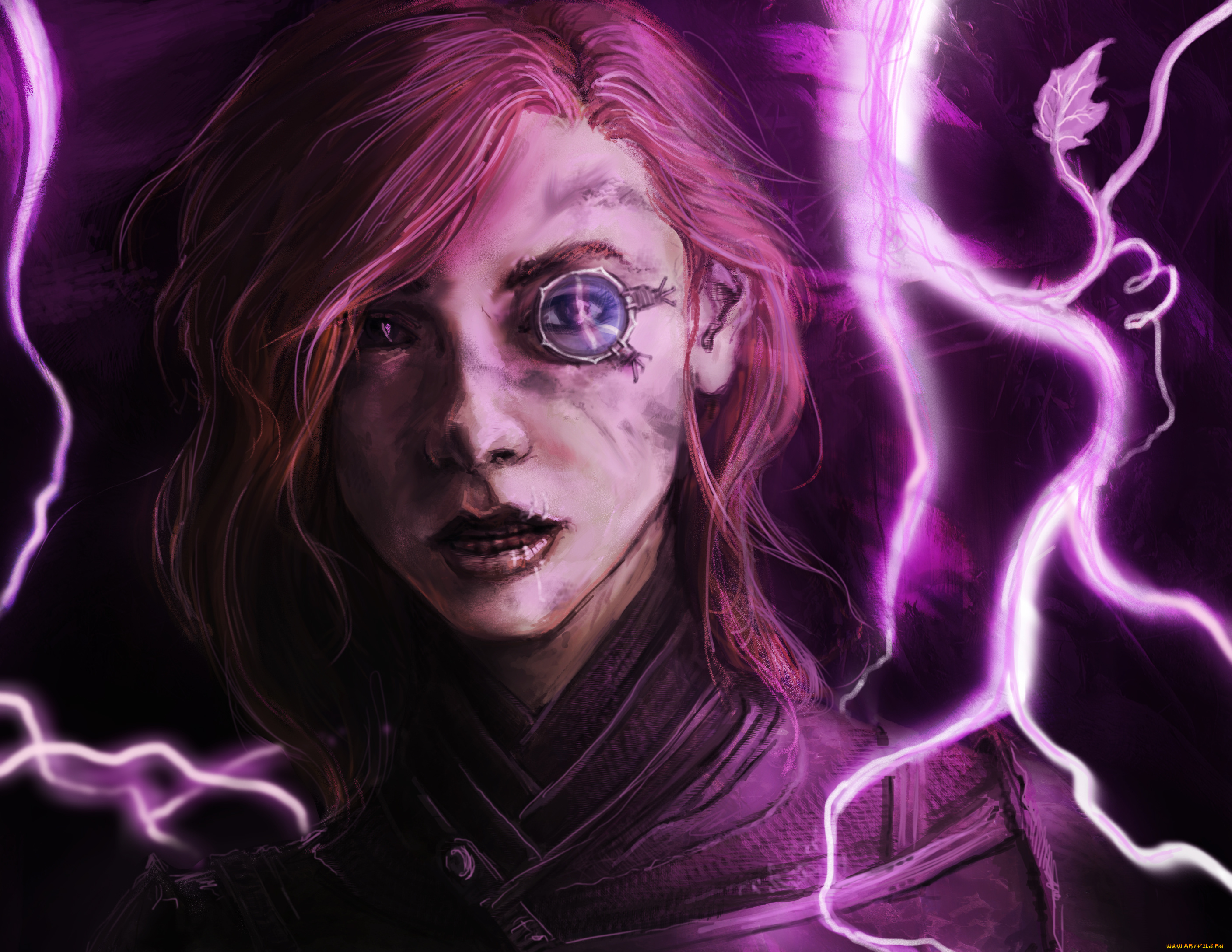 фэнтези, девушки, девушка, фон, взгляд, монокль, молния