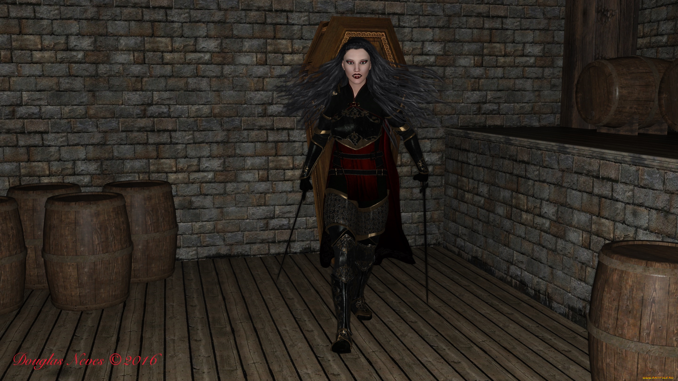 3д, графика, существа, , creatures, девушка, взгляд, фон, вампир, оружие