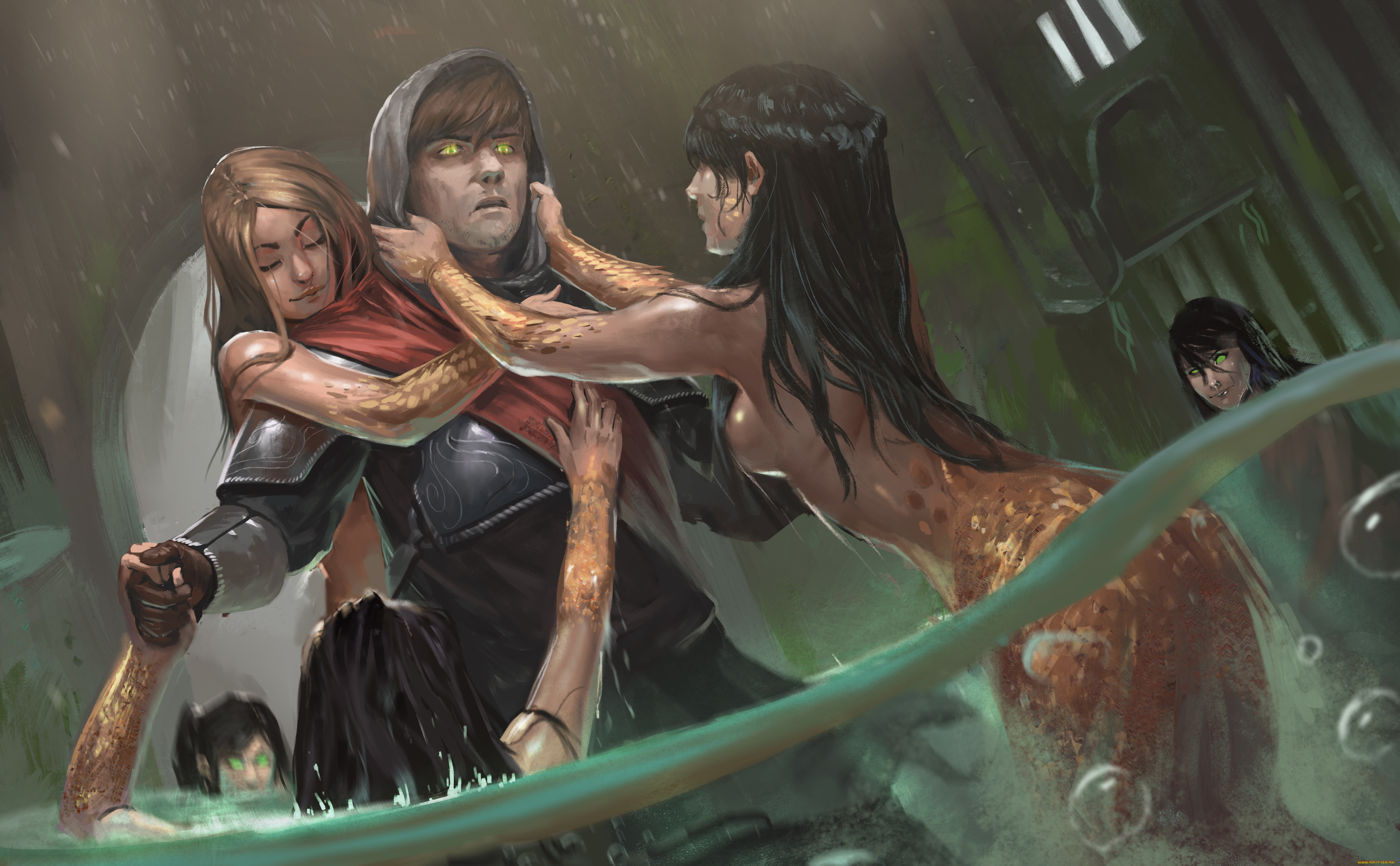 фэнтези, русалки, девушки, мужчина, фон, вода, взгляд