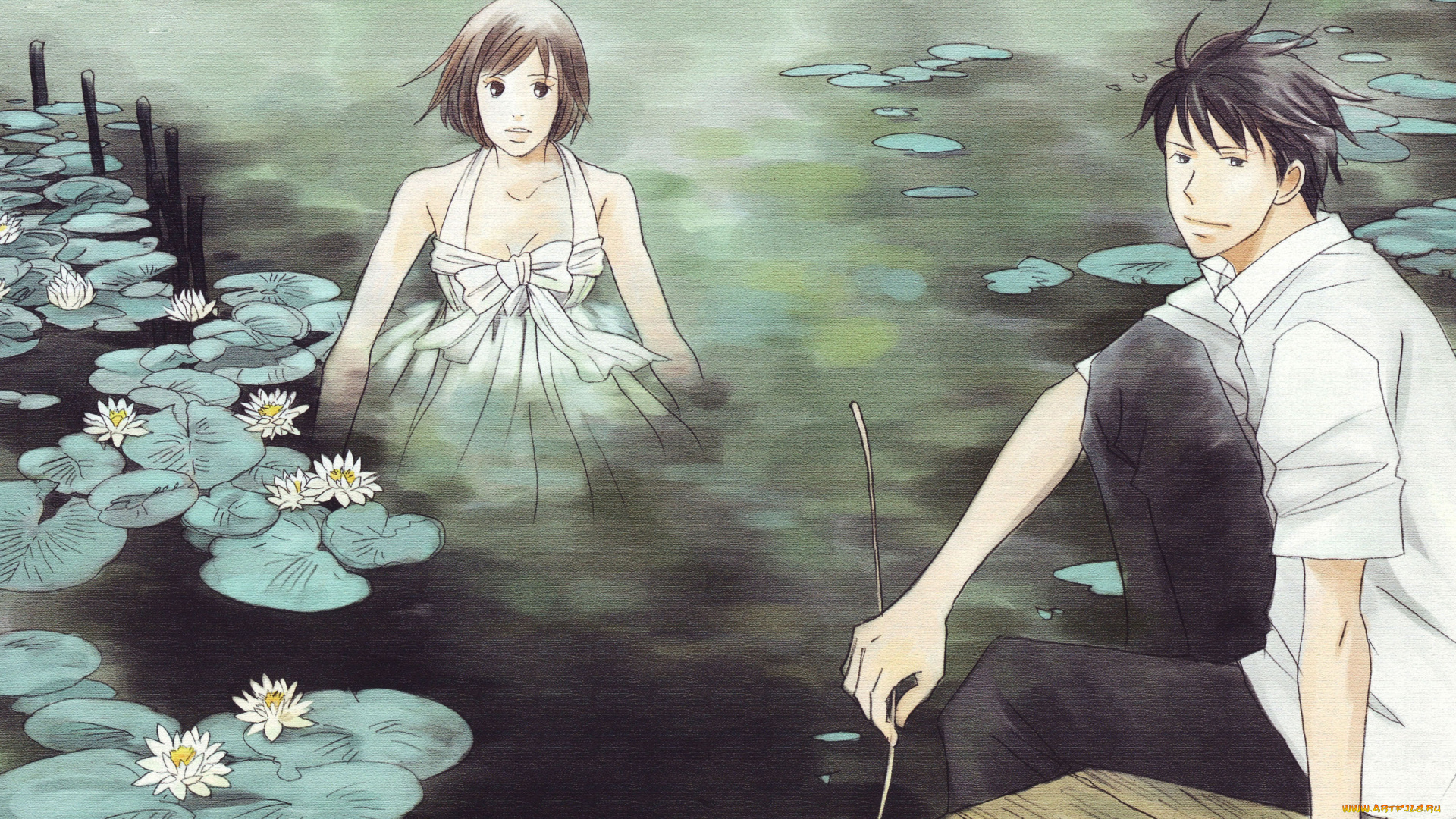 аниме, nodame, cantabile, листья, цветы, девушка, парень, озеро