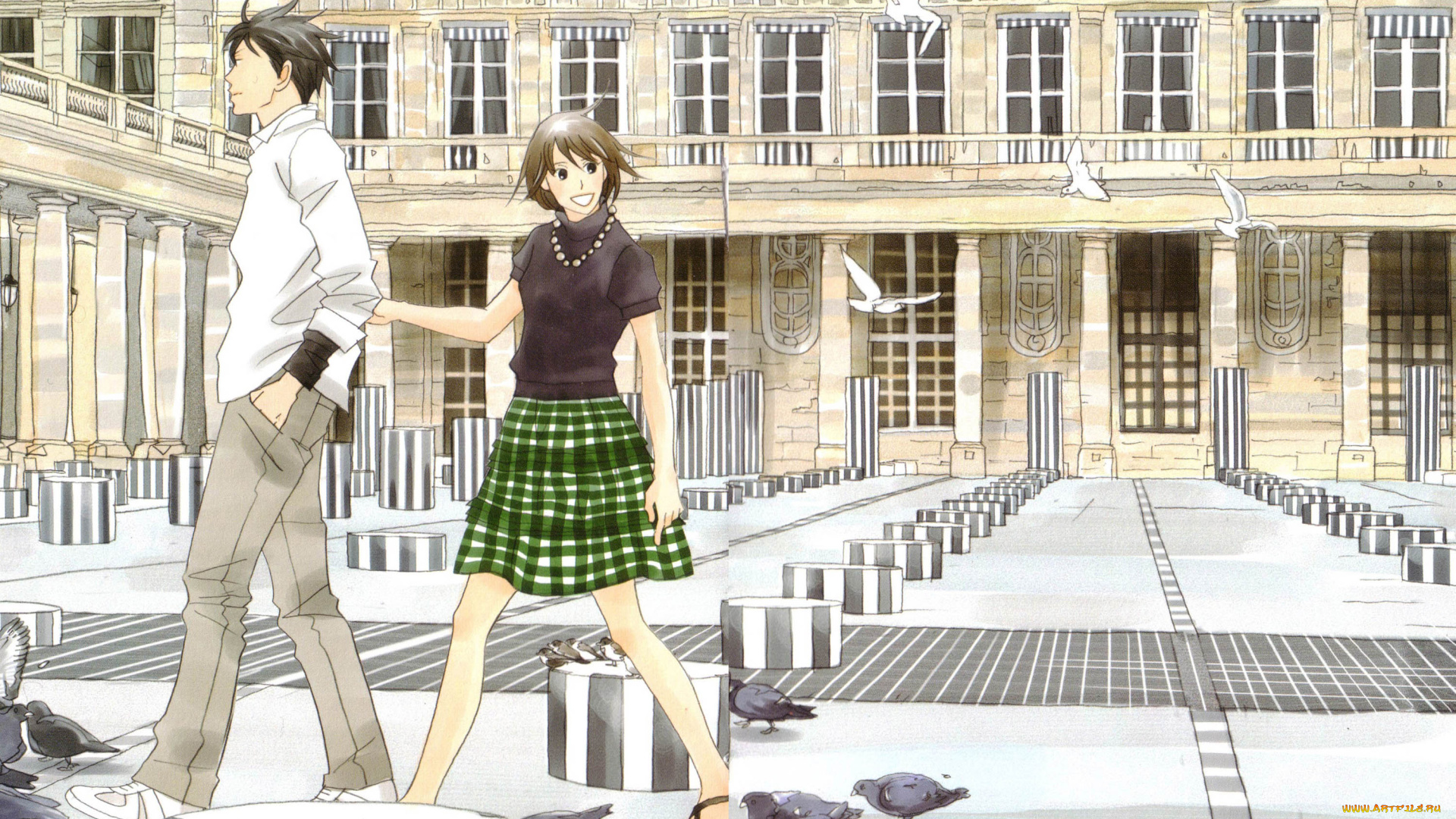 аниме, nodame, cantabile, пара, девушка, парень, дворец, здание, голуби