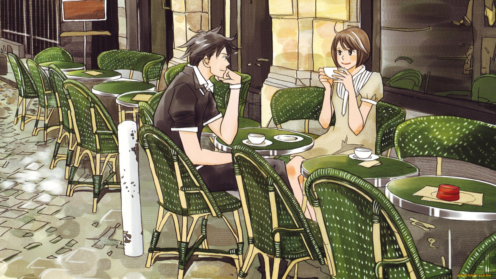 аниме, nodame, cantabile, улица, кафе, пара, девушка, парень