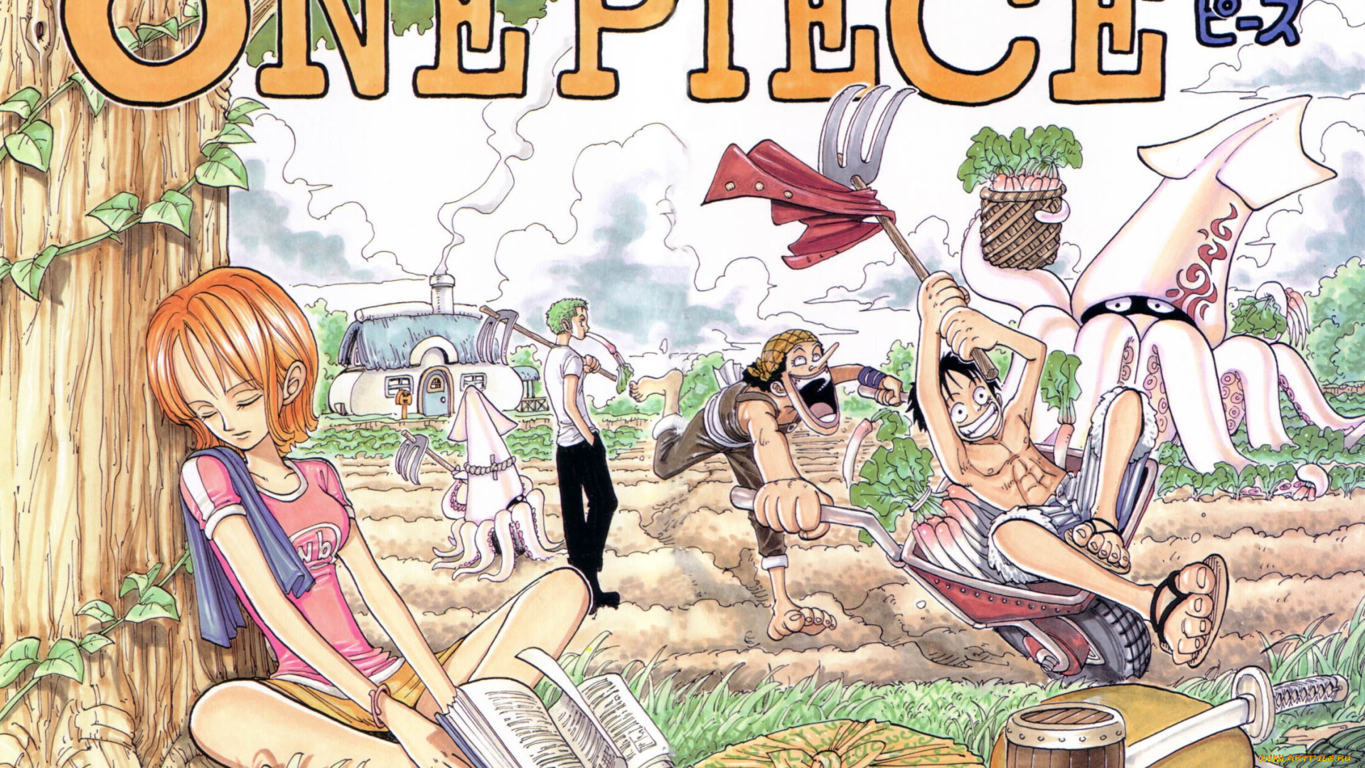 аниме, one, piece, грабли, кальмары, люди, поле, девушка, дерево