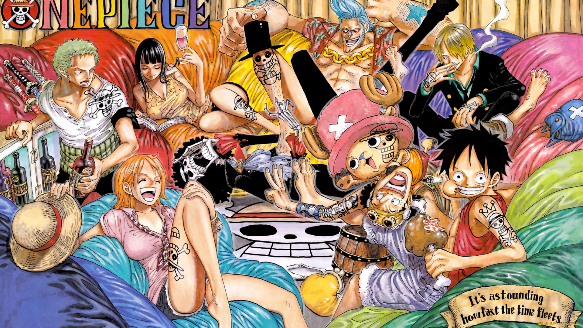 аниме, one, piece, шляпа, бутылки, диваны, люди