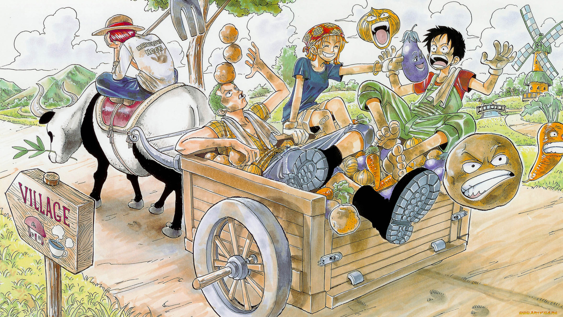 аниме, one, piece, существа, овощи, дорога, мельница, телега, люди