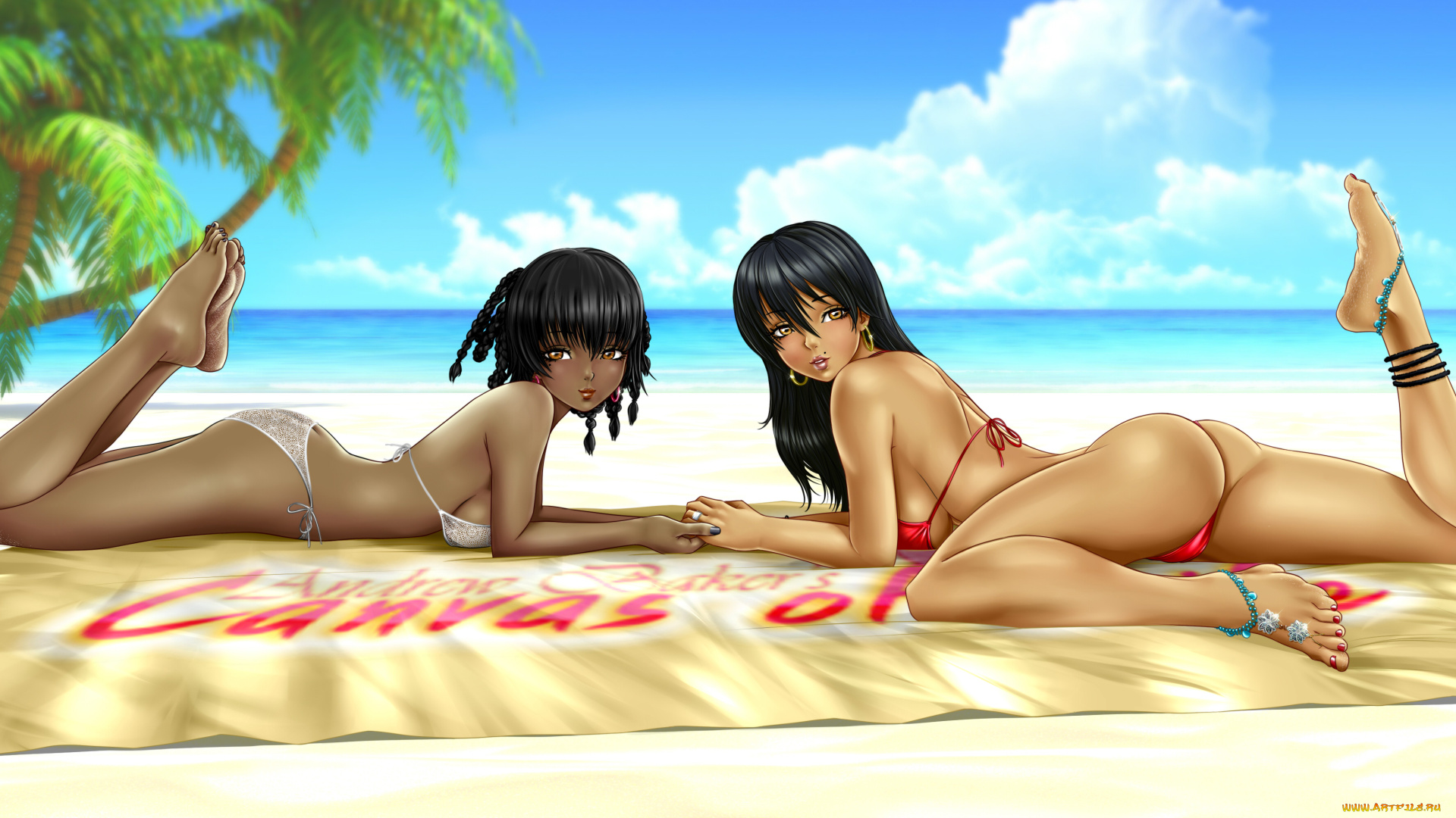 аниме, пейзажи, , природа, пляж, взгляд, девушки, фон, купальник