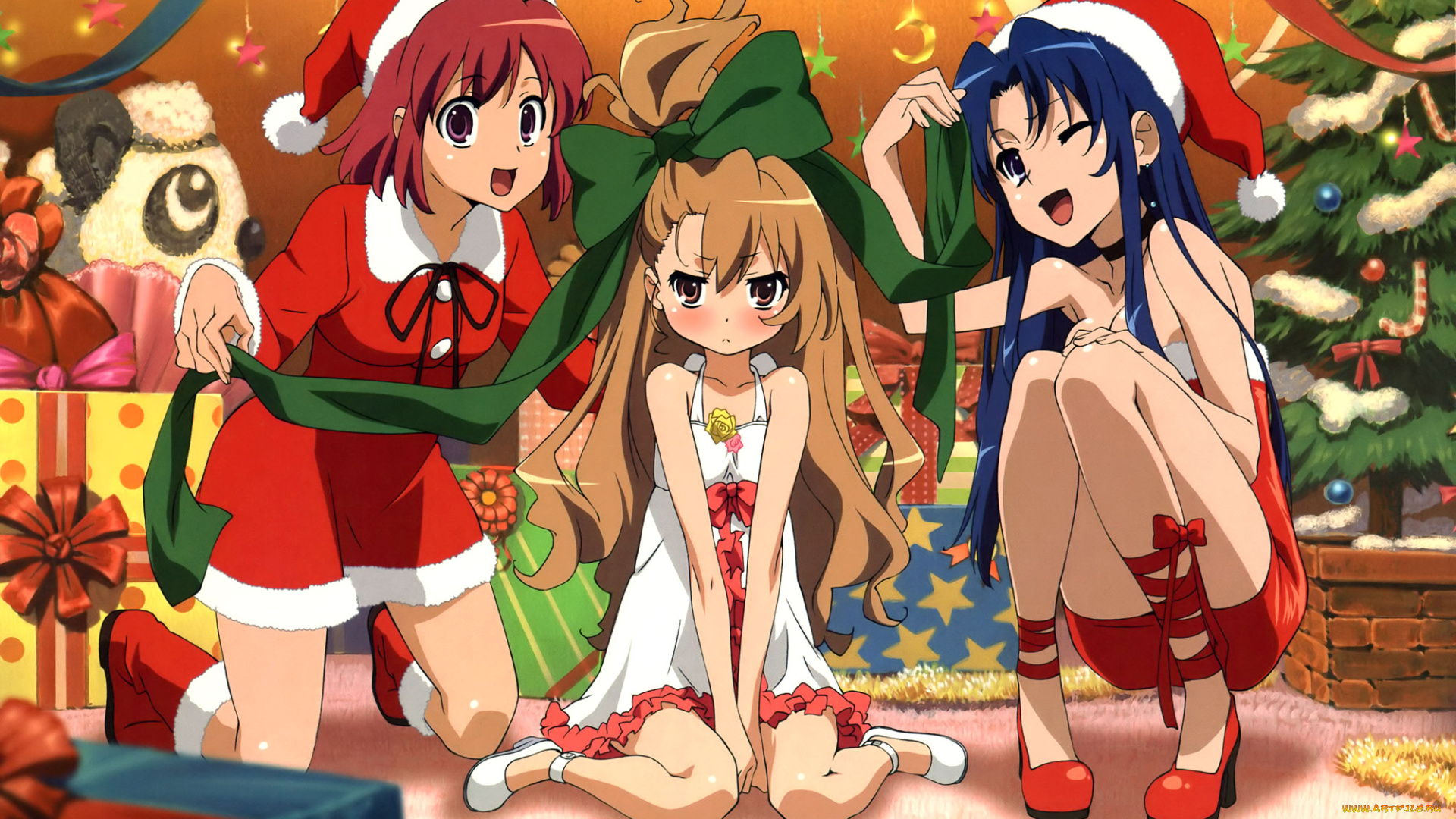 аниме, toradora, подарки, девочки, бант, костюмы, новый, год, ёлка