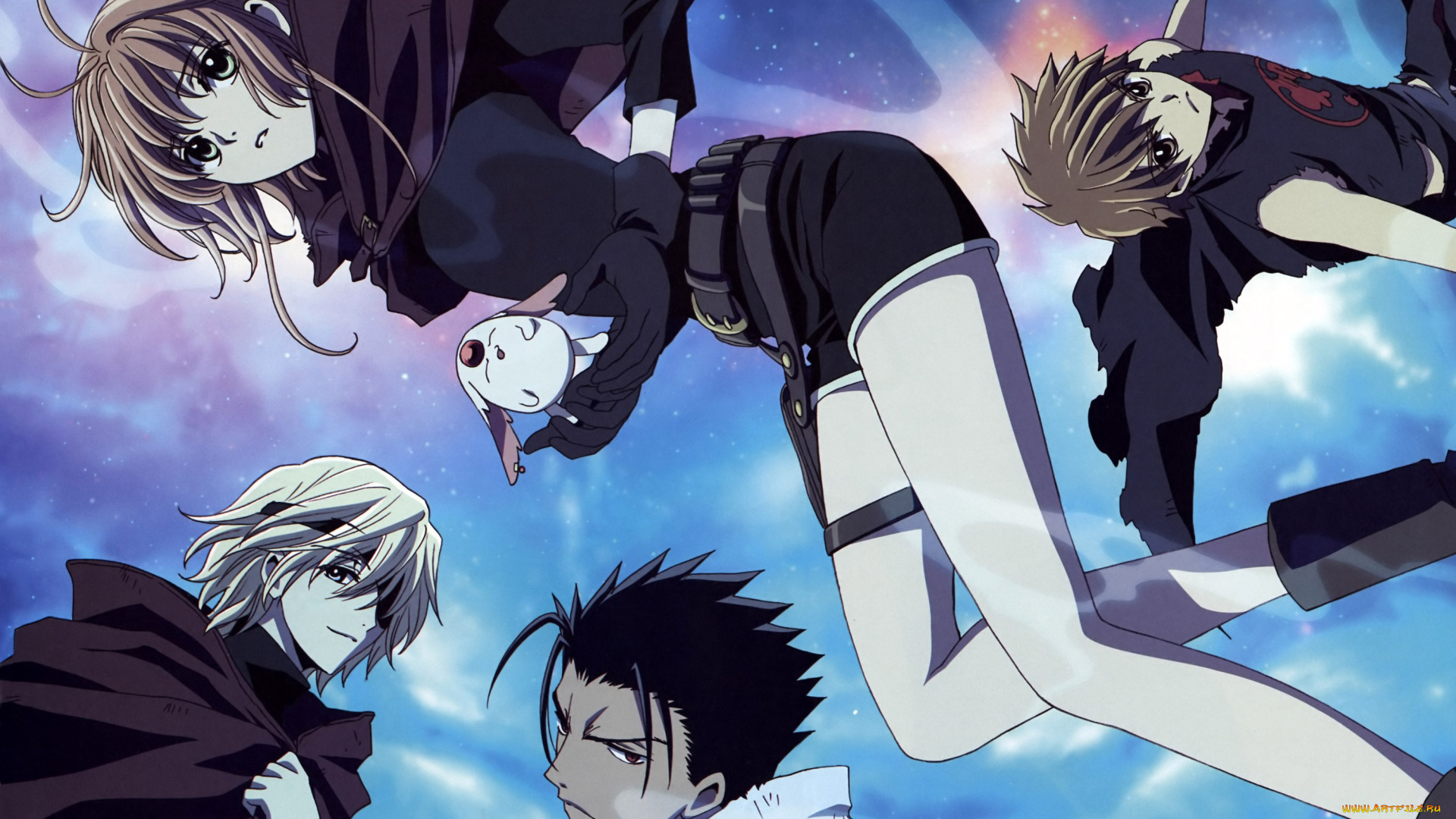 аниме, tsubasa, reservoir, chronicles, плащи, зверек, небо, парни, девушка