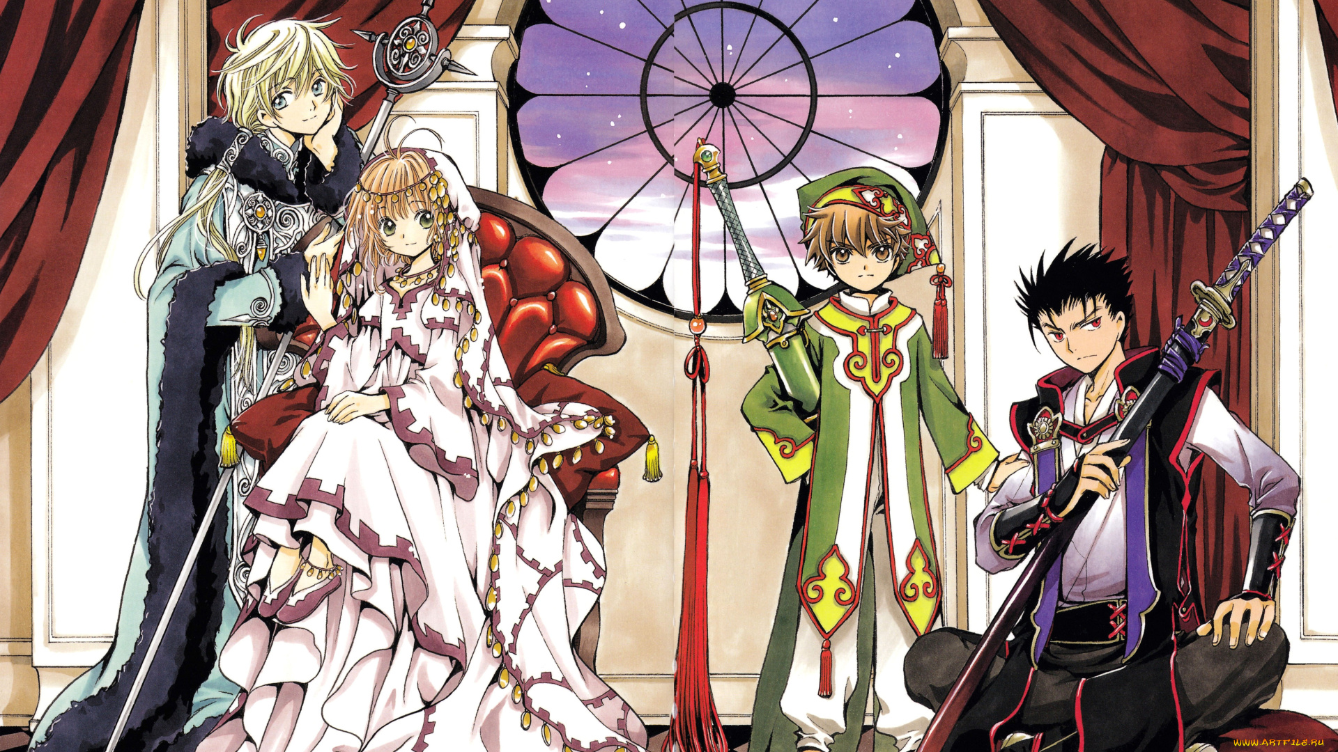 аниме, tsubasa, reservoir, chronicles, шторы, окно, оружие, кресло, девушка, парни