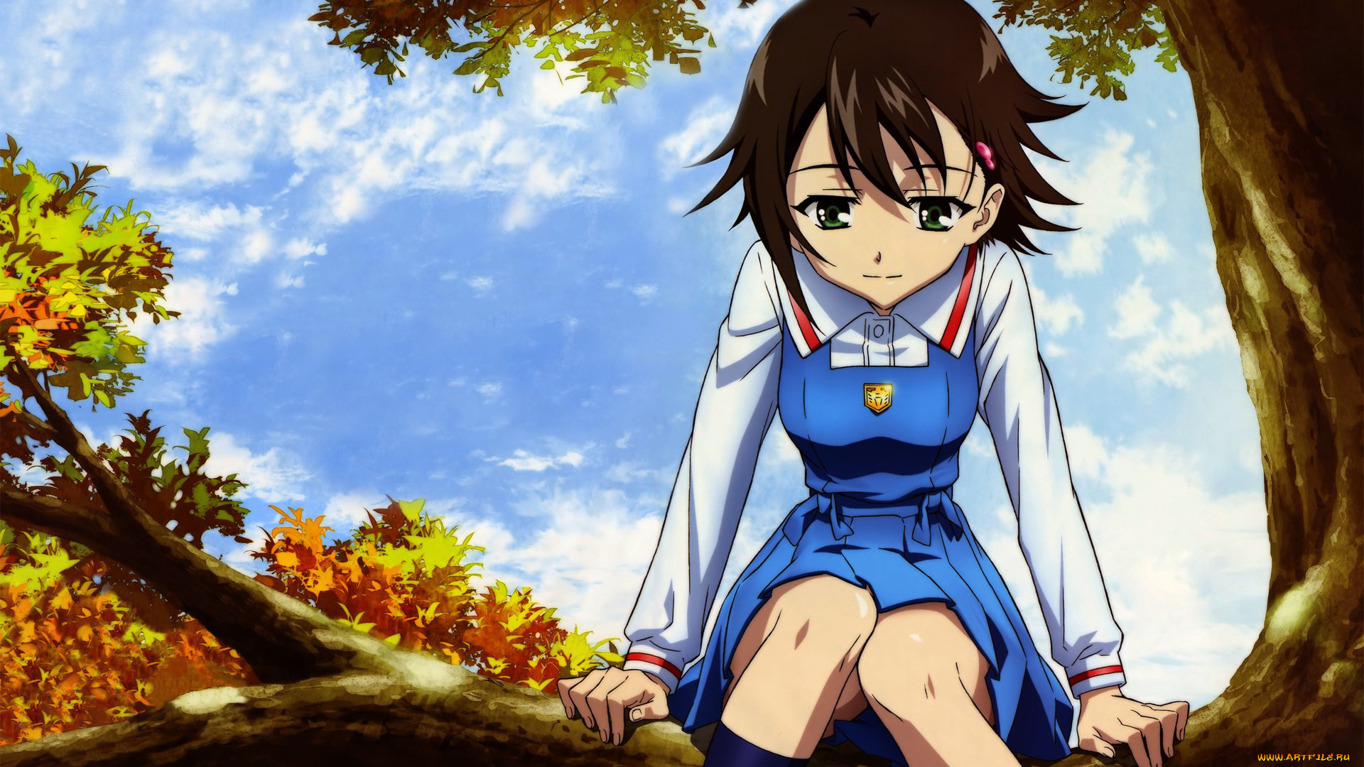 аниме, unknown, , другое, , девушка, осень, дерево, форма, ветка