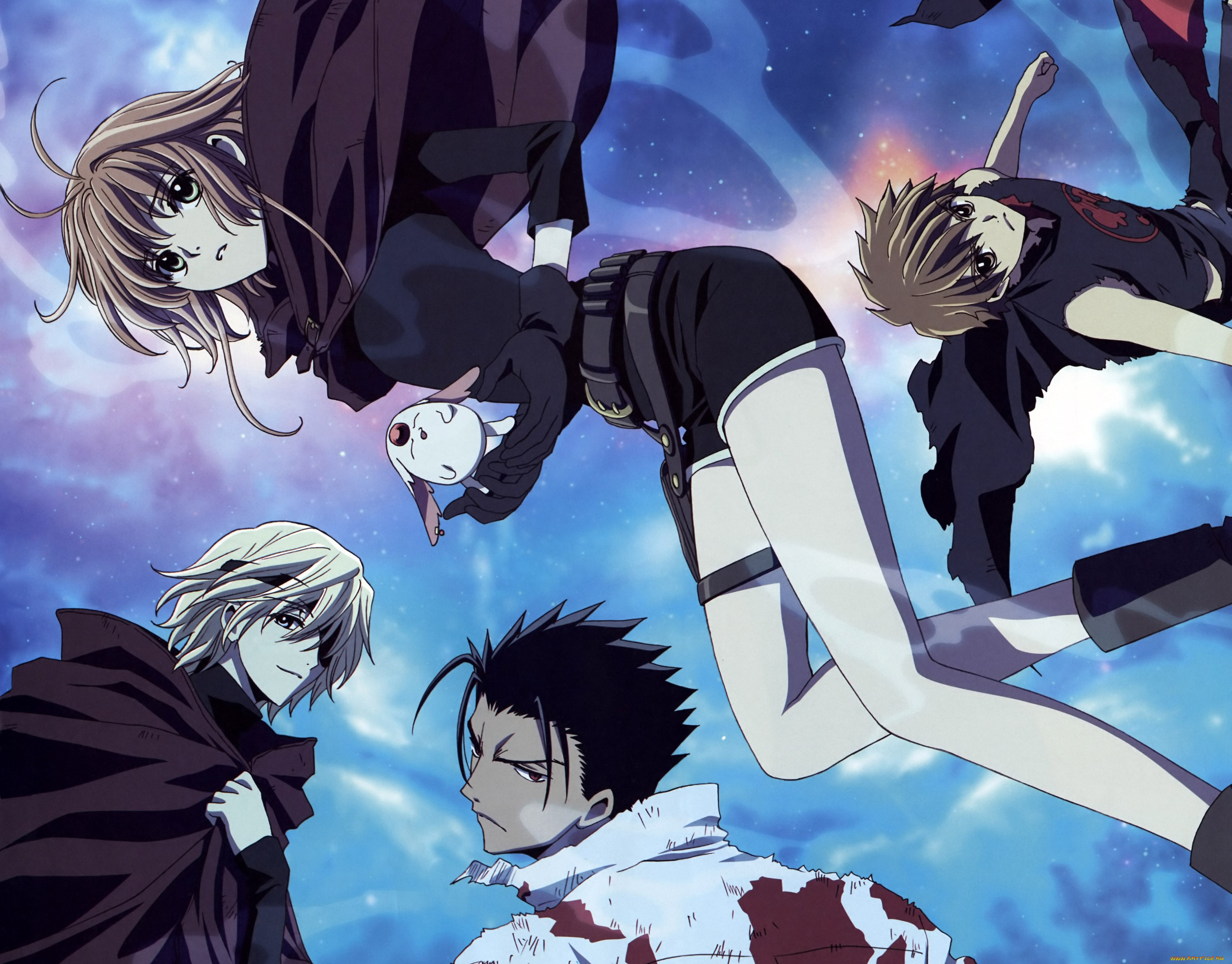 аниме, tsubasa, reservoir, chronicles, плащи, зверек, небо, парни, девушка