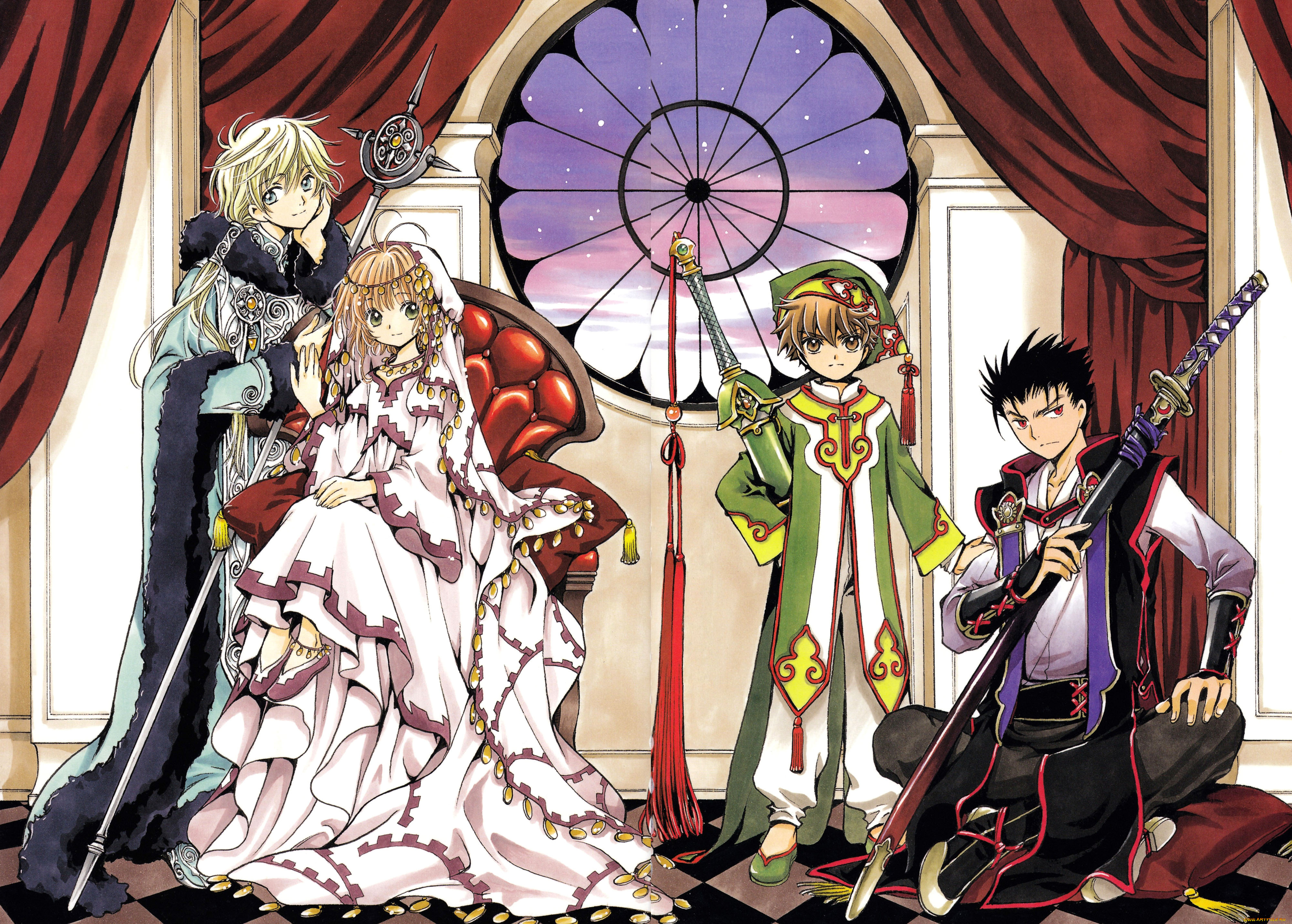 аниме, tsubasa, reservoir, chronicles, шторы, окно, оружие, кресло, девушка, парни