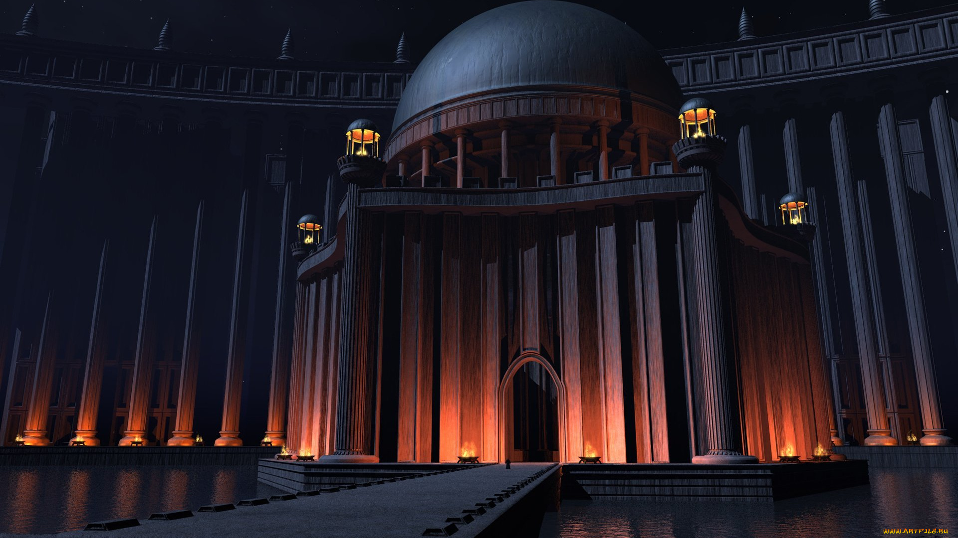 3д, графика, архитектура, , architecture, колонны, здание, вода, свет, мост