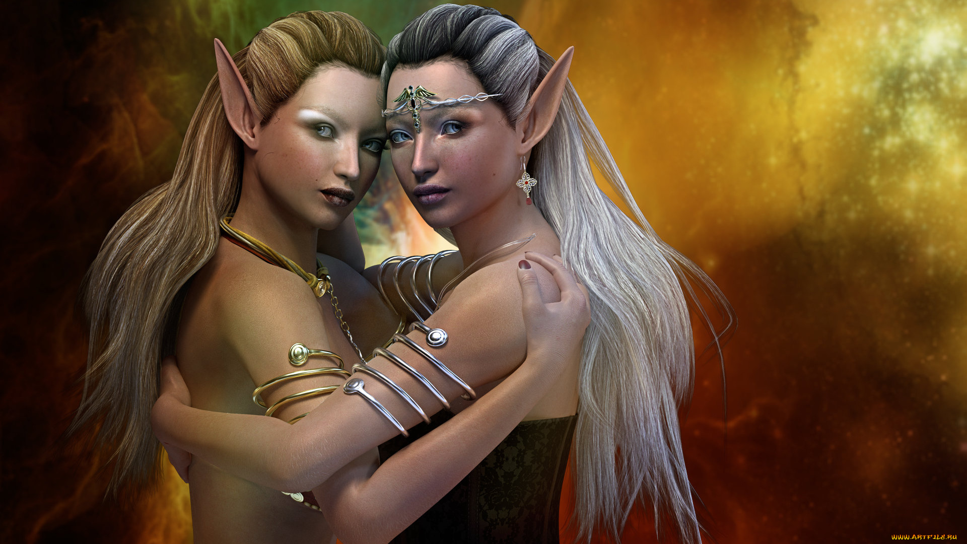 3д, графика, эльфы, , elves, фон, взгляд, эльфийки