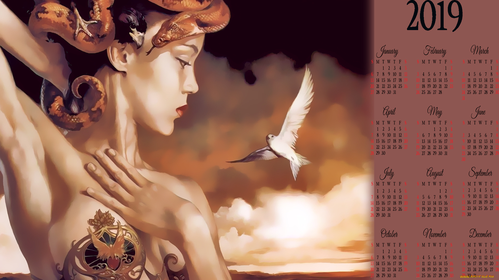 календари, фэнтези, девушка, змея, птица