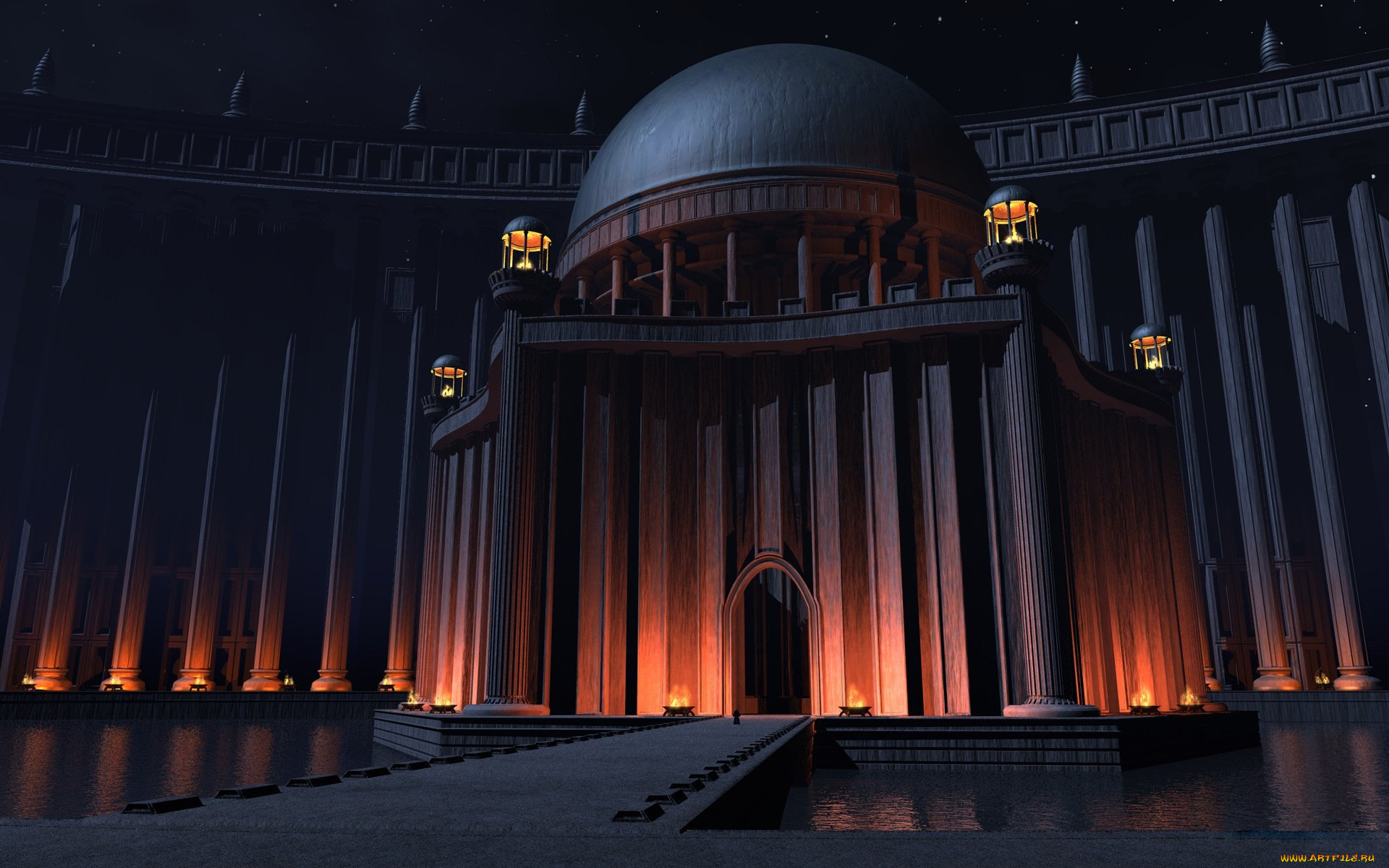 3д, графика, архитектура, , architecture, колонны, здание, вода, свет, мост