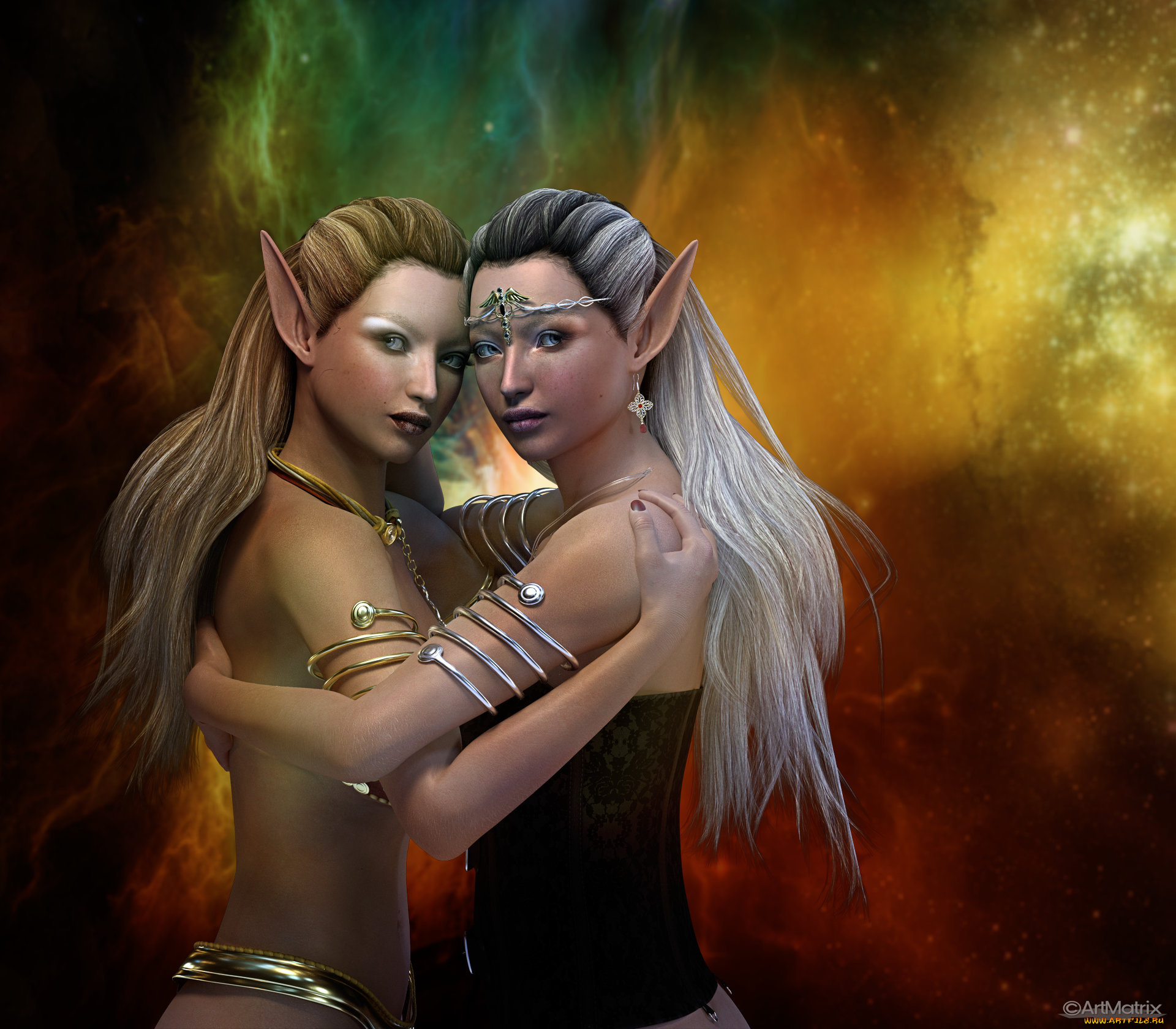3д, графика, эльфы, , elves, фон, взгляд, эльфийки