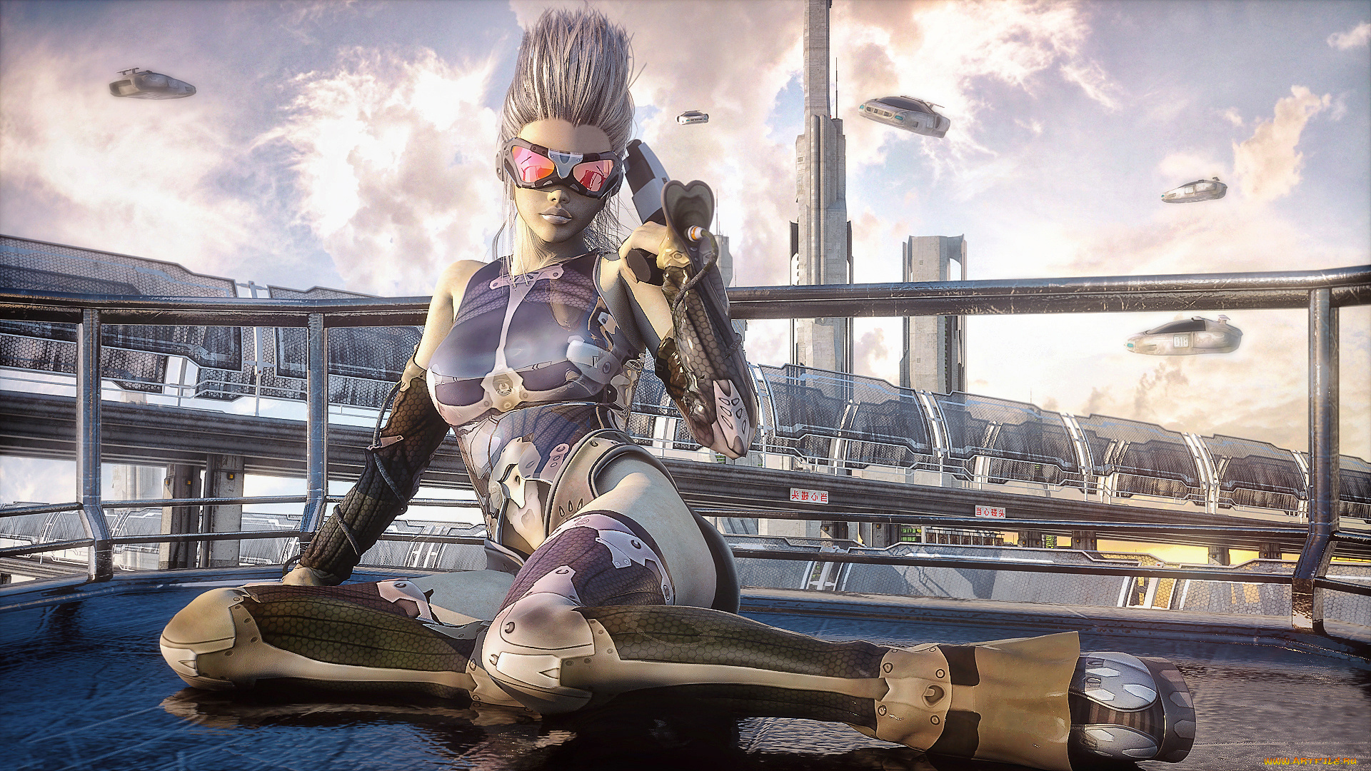 3д, графика, _science, fiction, девушка, фон, очки, униформа