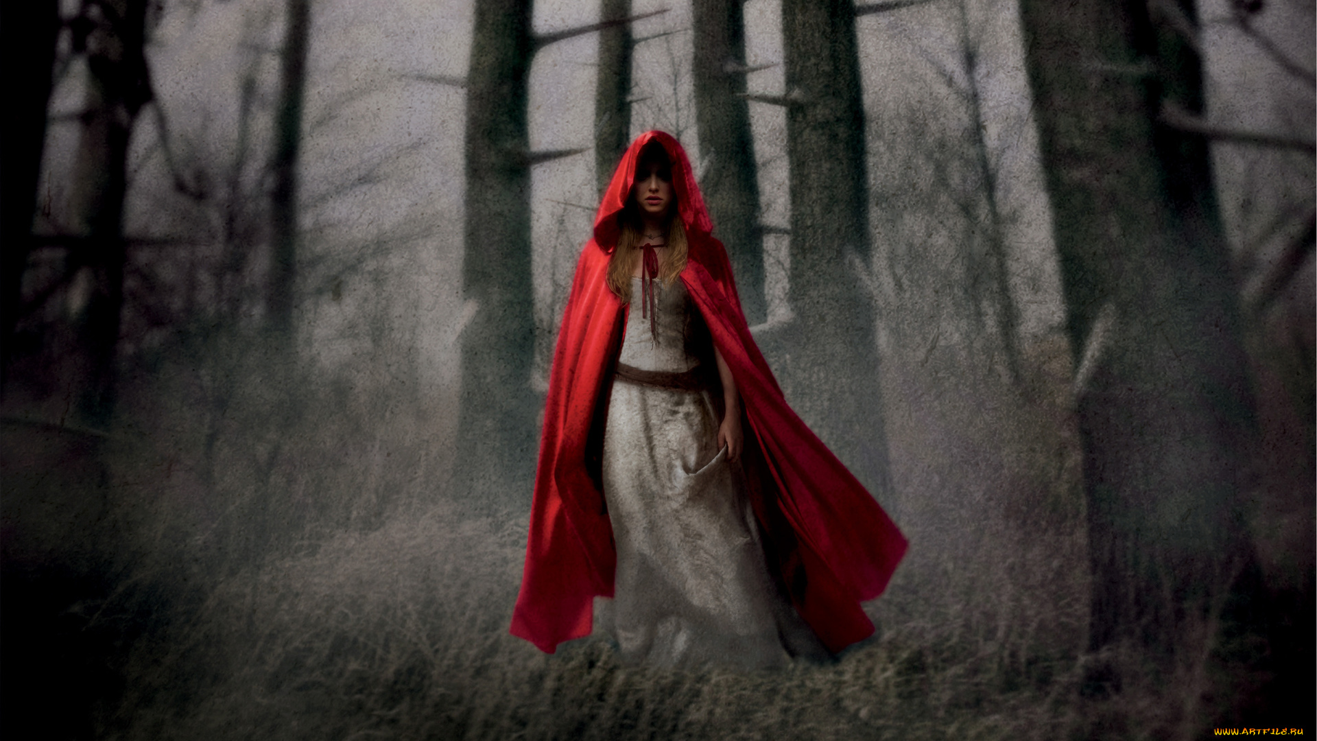 фэнтези, фотоарт, красная, шапочка, лес, туман, балахон, девушка