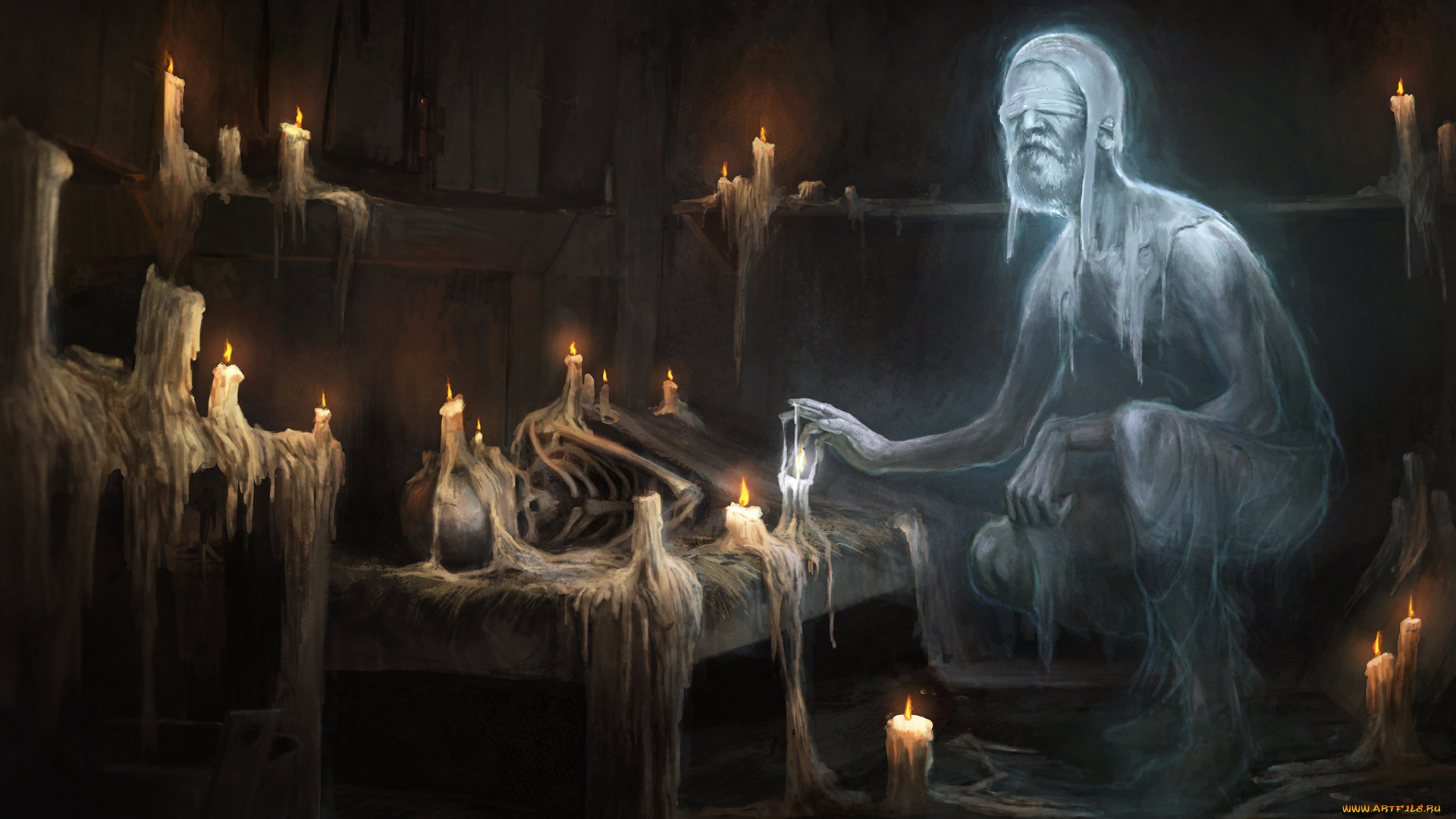 фэнтези, призраки, свечи, фон, скелет, призрак