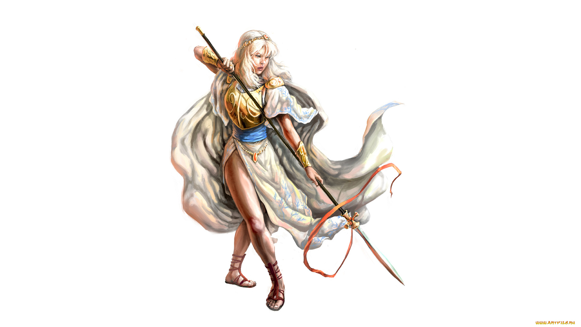рисованное, люди, девушка, фон, платье, копье