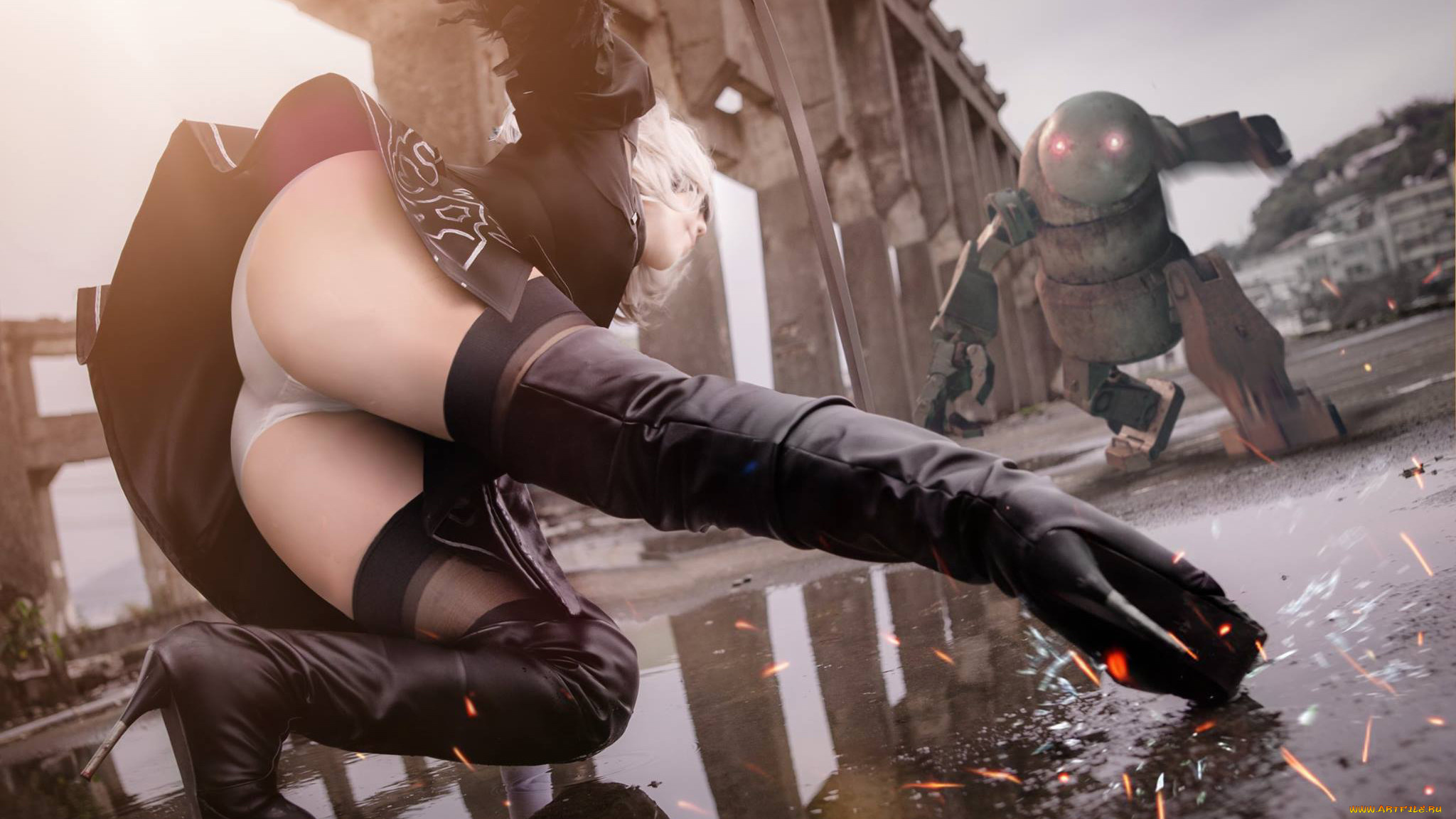 девушки, -, креатив, , косплей, 2в, девушка, андроид, лужа, развалины, робот, бой, nasu