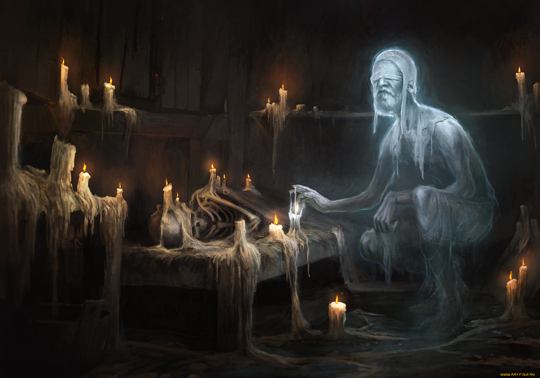 фэнтези, призраки, свечи, фон, скелет, призрак