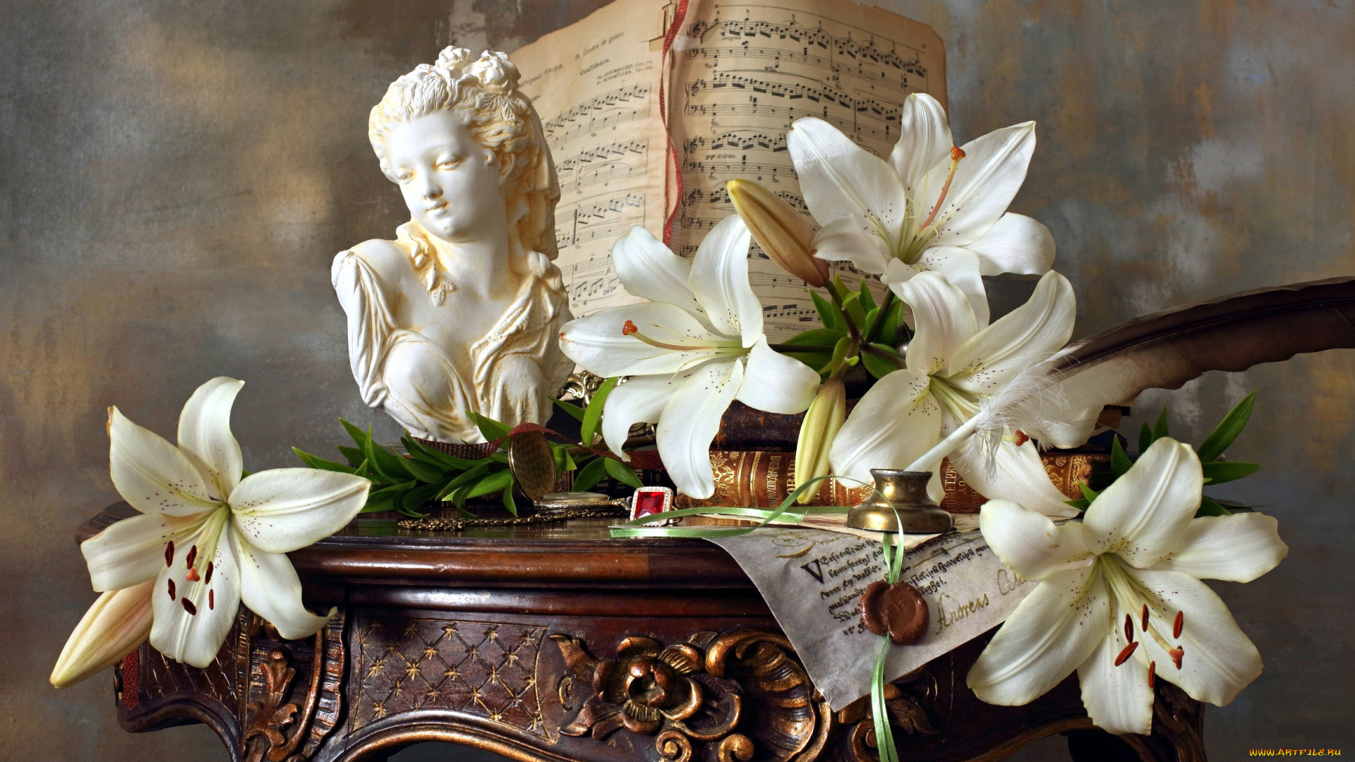 цветы, лилии, , лилейники, ноты, белые, бюст