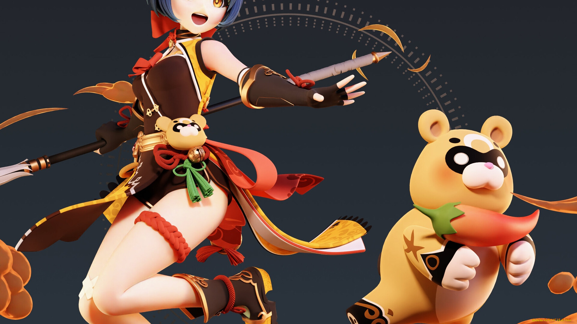 аниме, genshin, impact, девушка, мишка, копье