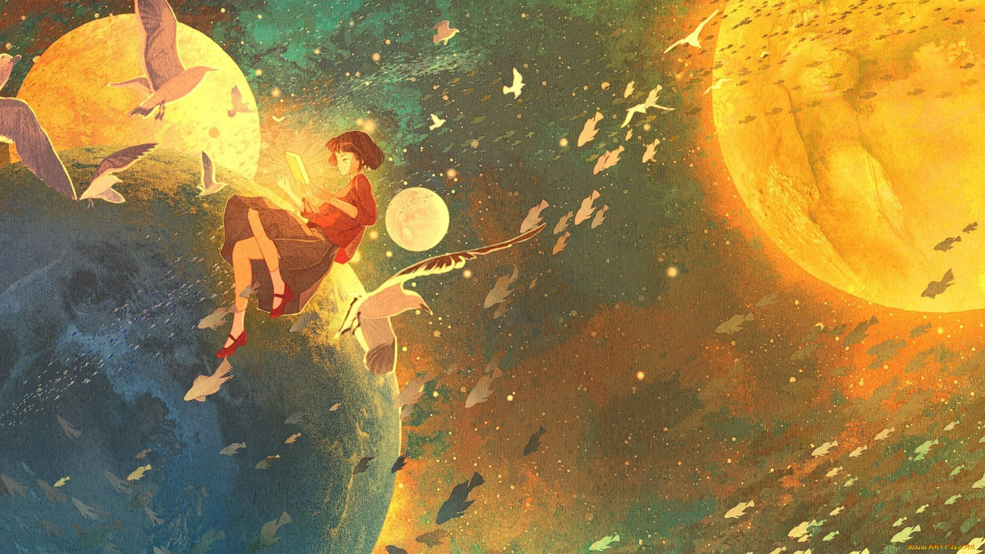 аниме, животные, , существа, девушка, планеты, птицы