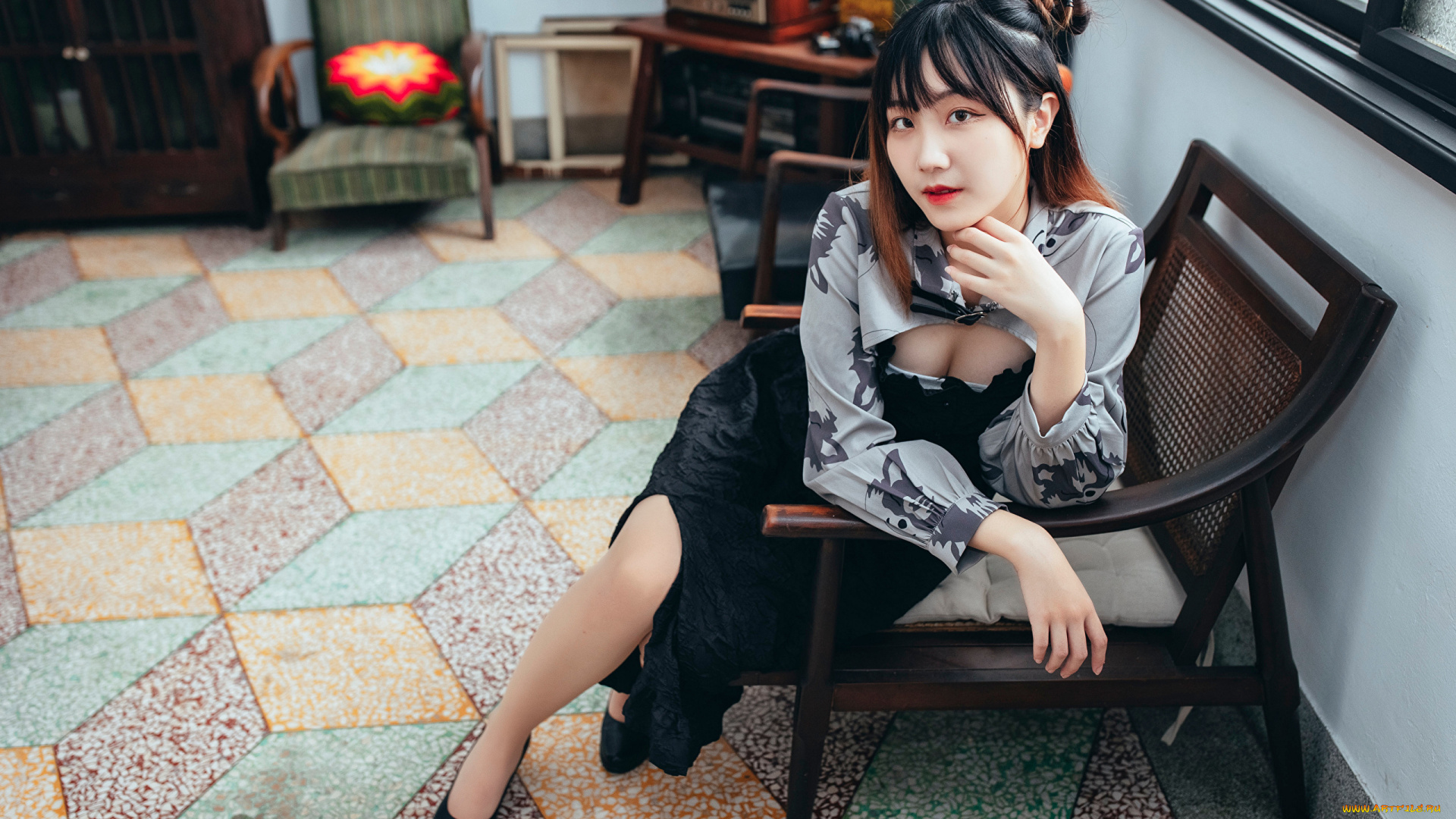 девушки, -, азиатки, платье, кресло, окно