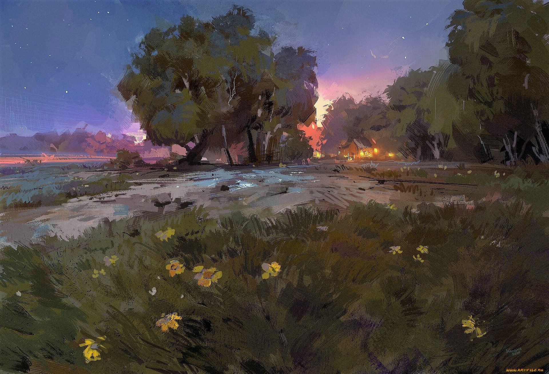 рисованное, природа, деревья, луг