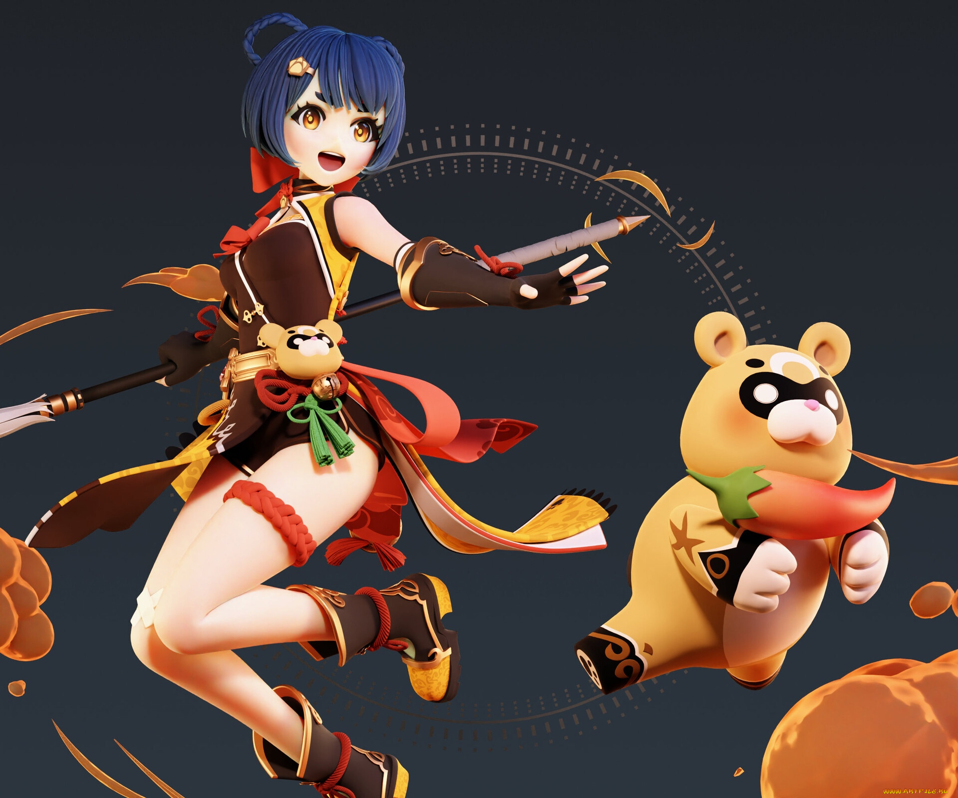 аниме, genshin, impact, девушка, мишка, копье