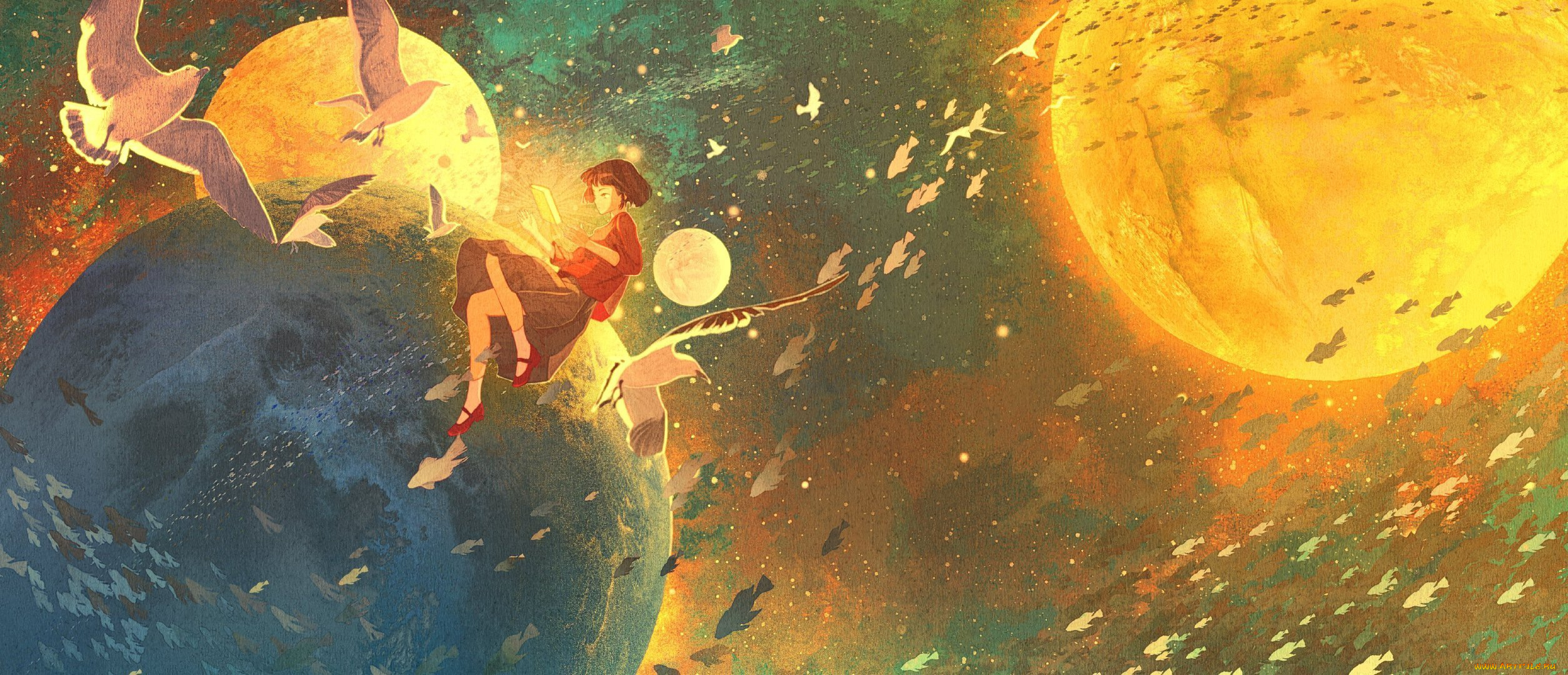 аниме, животные, , существа, девушка, планеты, птицы