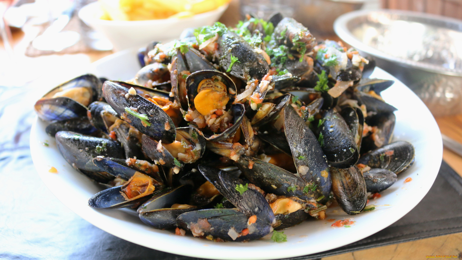 еда, рыбные, блюда, , с, морепродуктами, тарелка, мидии, зелень