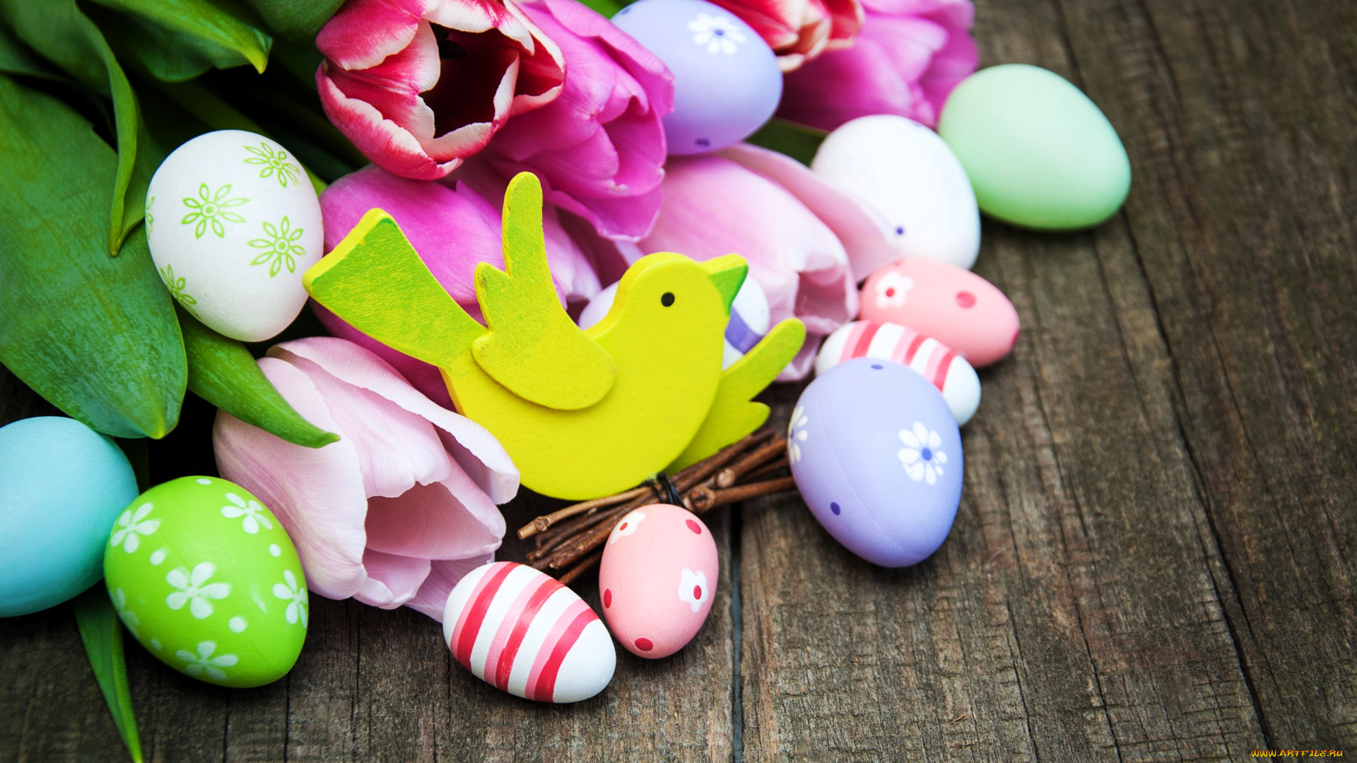 праздничные, пасха, цветы, тюльпаны, яйца, птичка