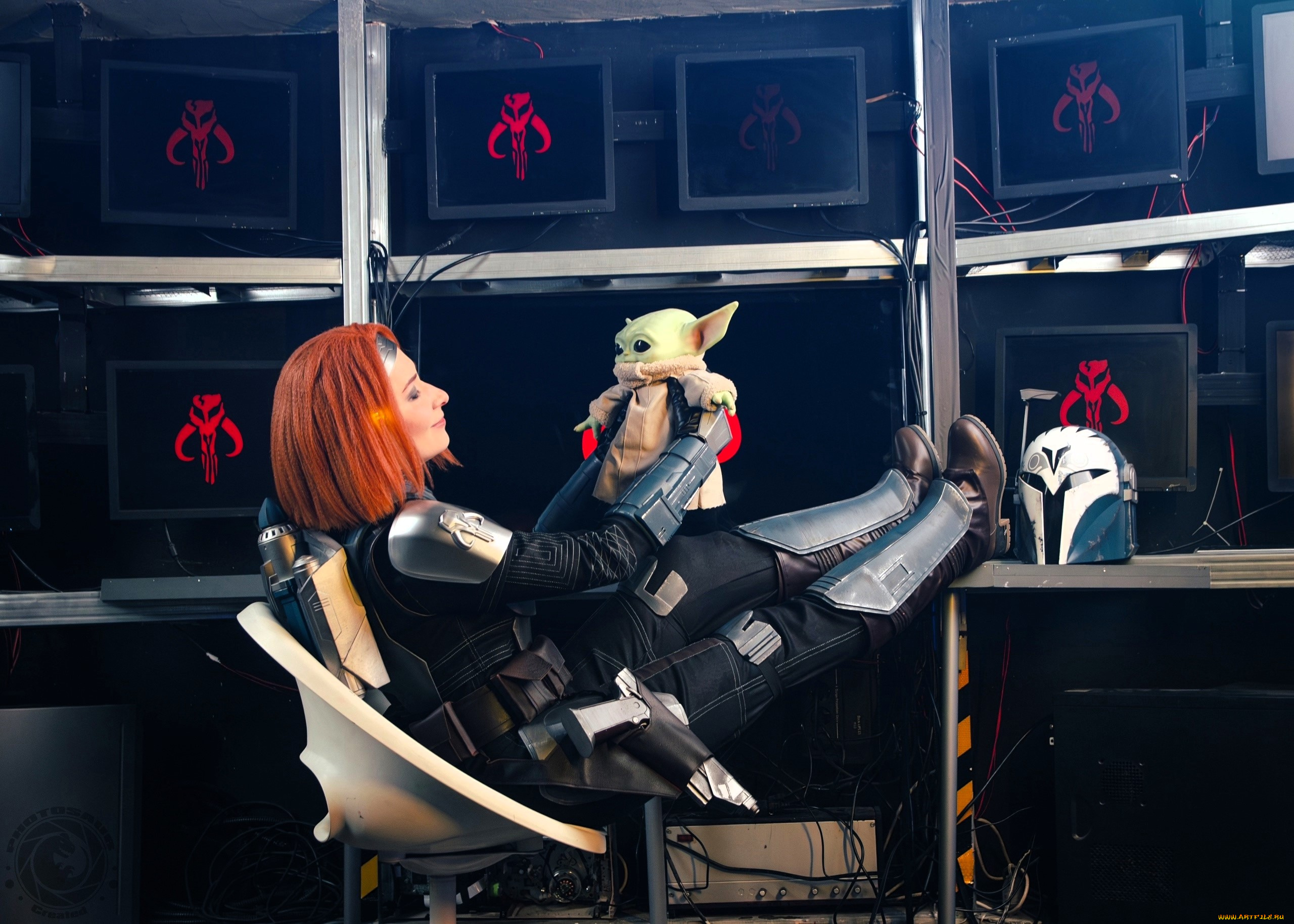 девушки, -, креатив, , косплей, образ, косплей, броня, кресло, мониторы, мандалорец, йода