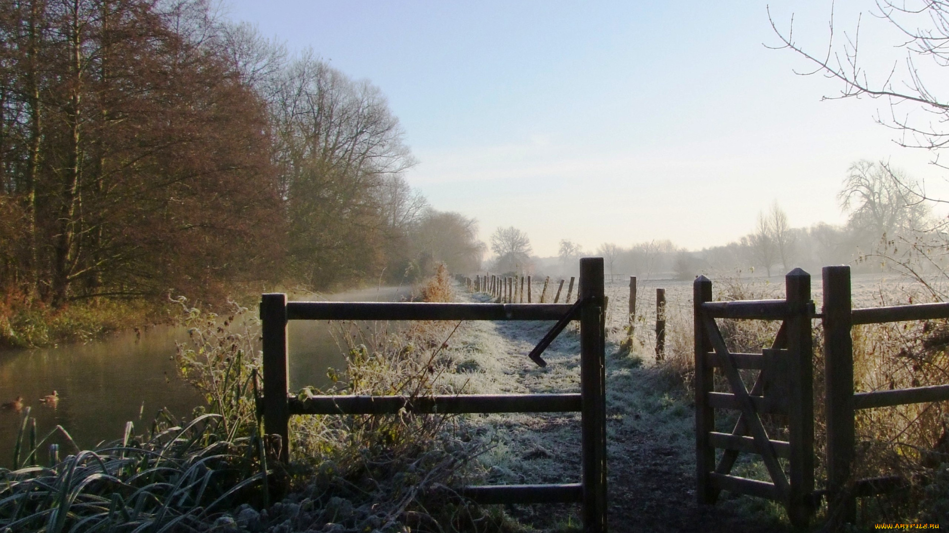 природа, дороги, канал, поле, забор