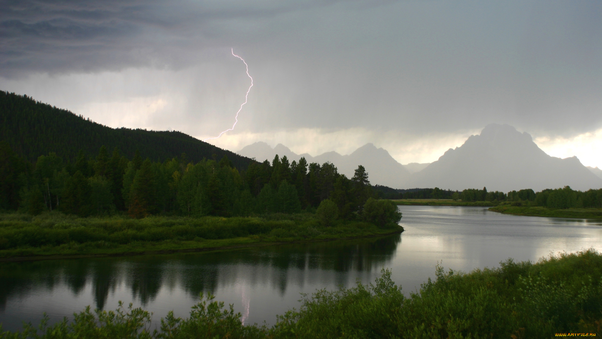природа, молния, гроза, река, вечер, непогода