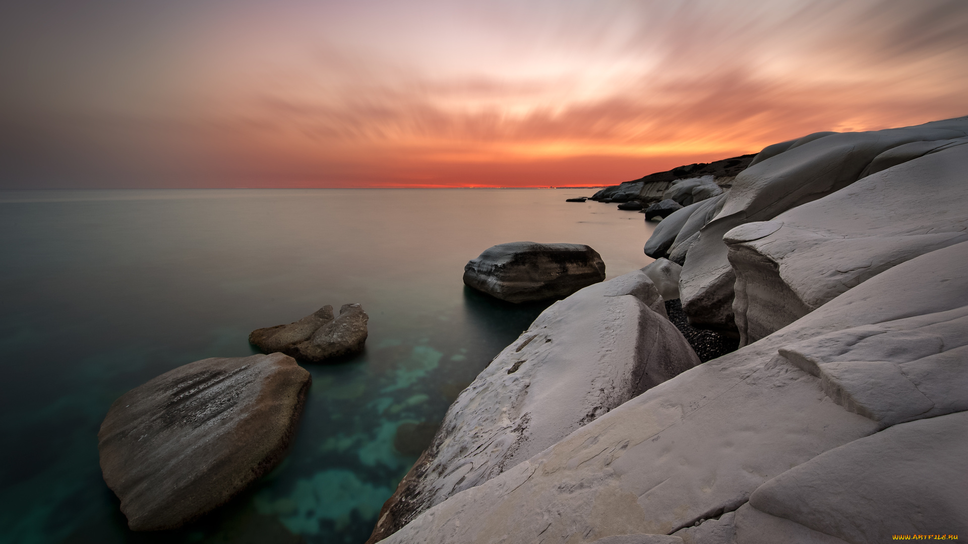 природа, побережье, море, камни, закат